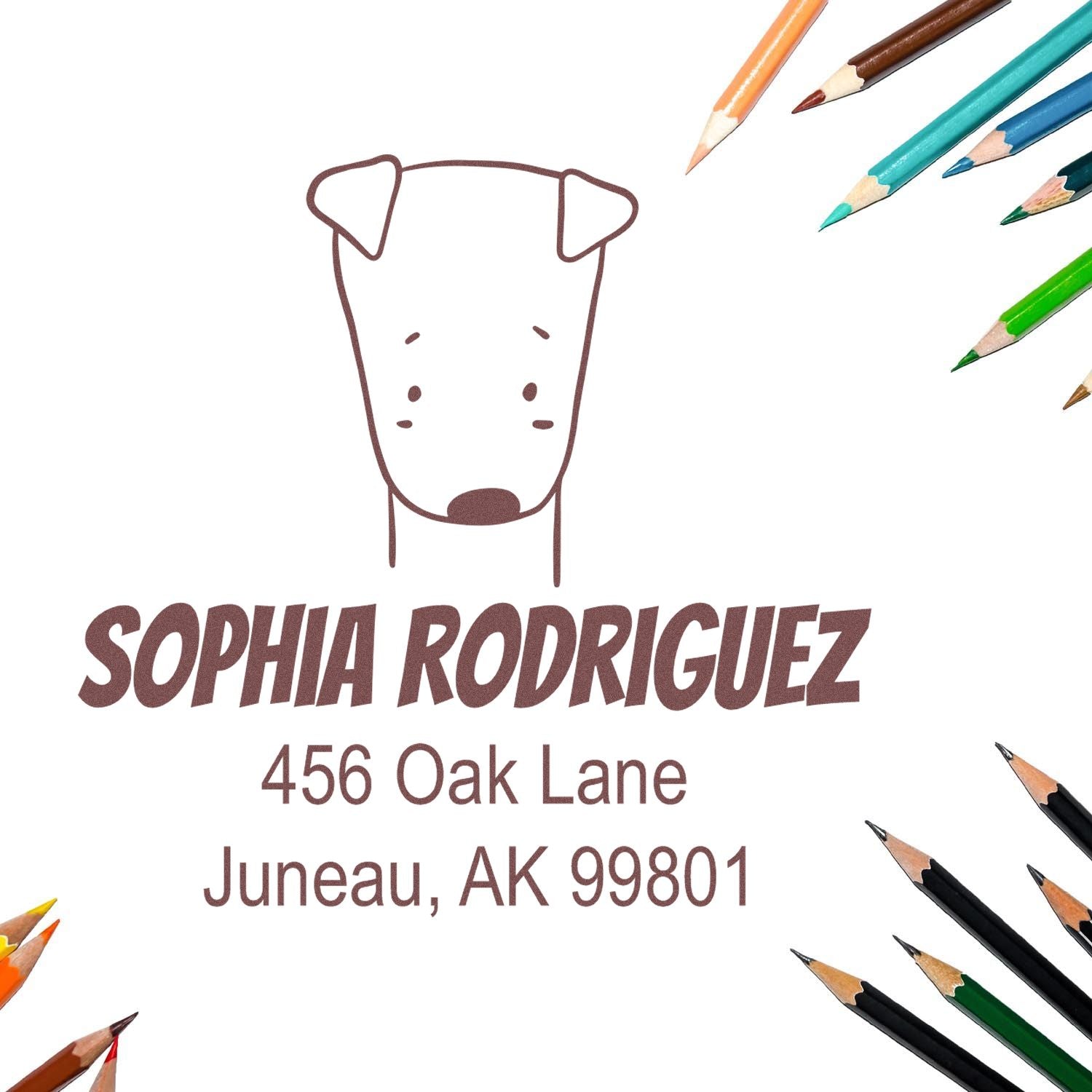 Wood Handle Daring Dog Cartoon Animal Custom Return Address Stamp featuring a dog's face above the name "Sophia Rodriguez" with the address "456 Oak Lane, Juneau, AK 99801." Surrounded by colored pencils, showcasing a Customized Mailing Stamp.