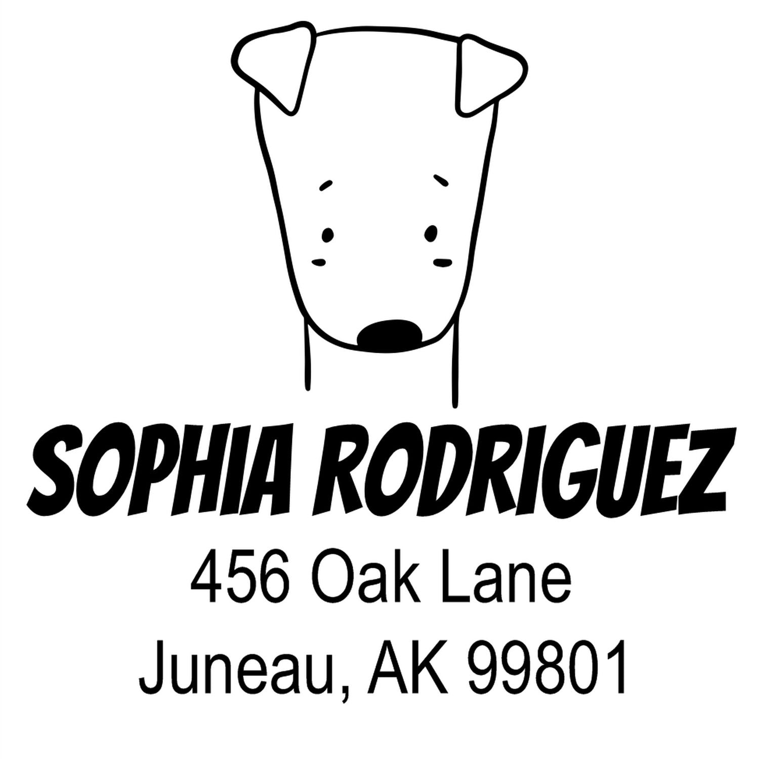 Daring Dog Pre-Inked Handcrafted Name And Address Stamp featuring a cute dog illustration above the customizable return mail stamper text: "Sophia Rodriguez, 456 Oak Lane, Juneau, AK 99801." Perfect for personalized mailing needs.