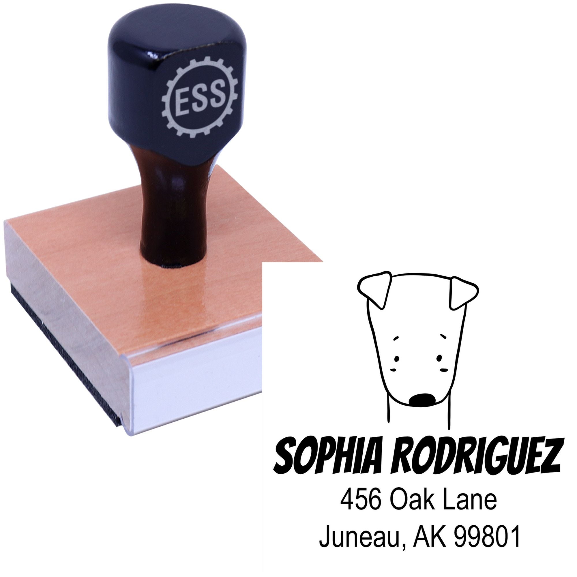 Wood Handle Daring Dog Cartoon Animal Custom Return Address Stamp with a black top and wooden base. The Customized Address Stamper features a cute dog illustration and personalized address details, perfect for adding a personal touch to mail.