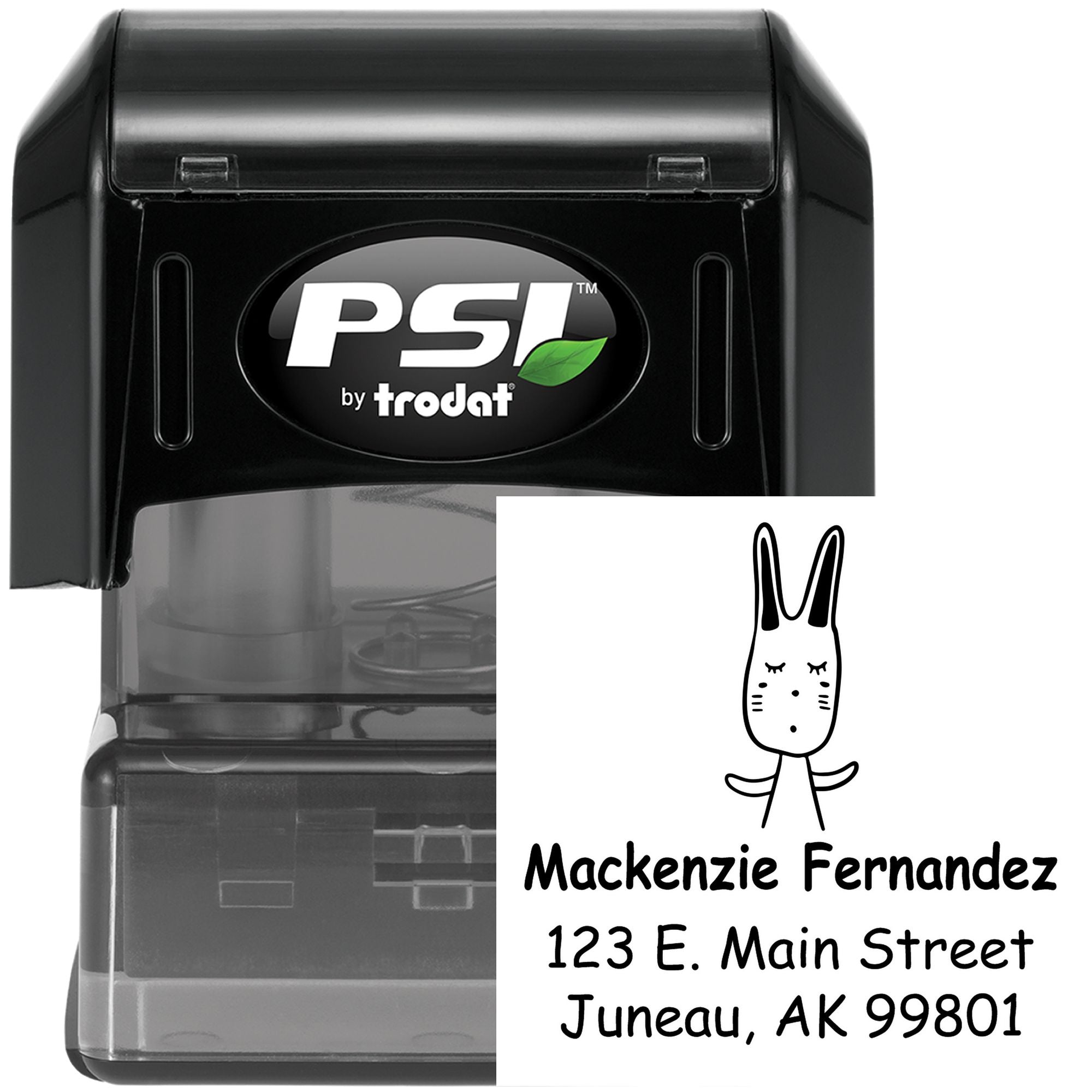 Hopping Bunny Pre-Inked Handcrafted Name And Address Stamper featuring a customizable mailing stamp design. The image shows a black stamper with a bunny illustration and sample address text, ideal for personalized mailing needs.