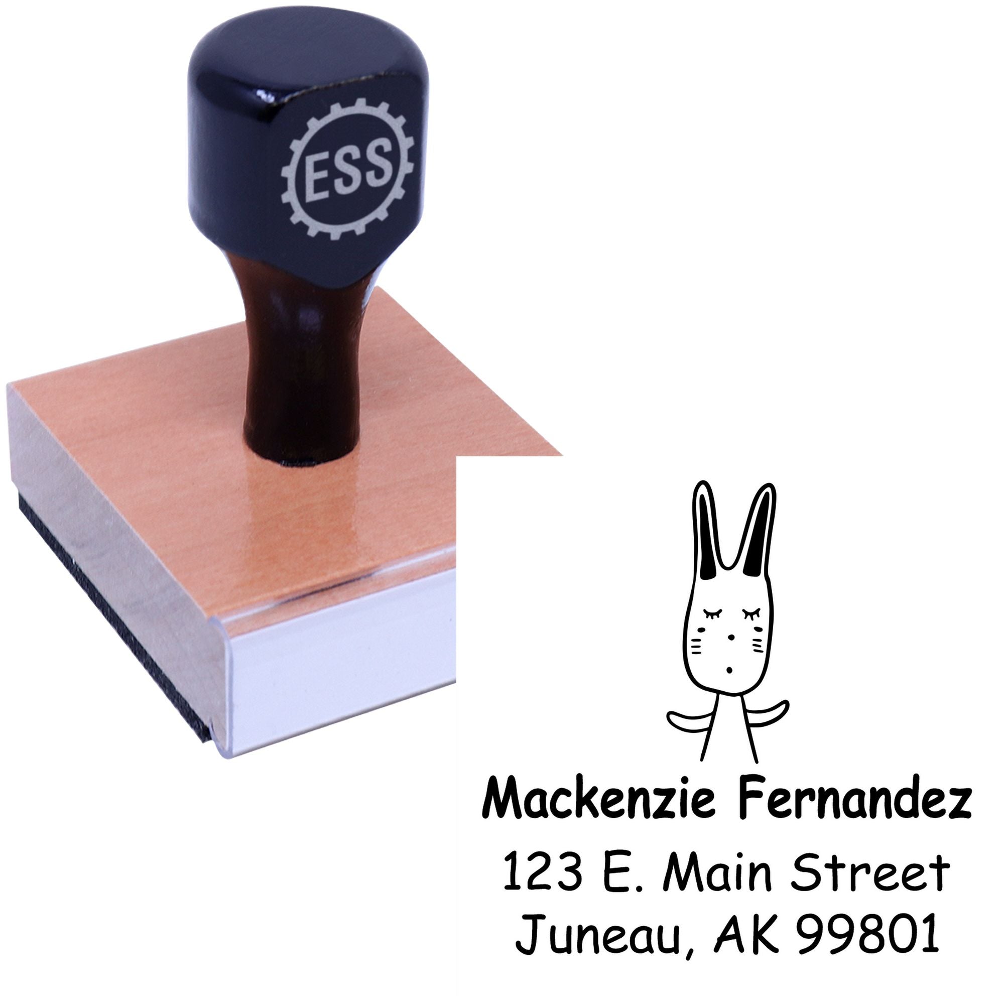 Wood handle hopping bunny cartoon animal custom return address stamper with customizable return mail stamper design. Features a wooden handle and a cute bunny illustration, perfect for personalizing mail with a unique touch.