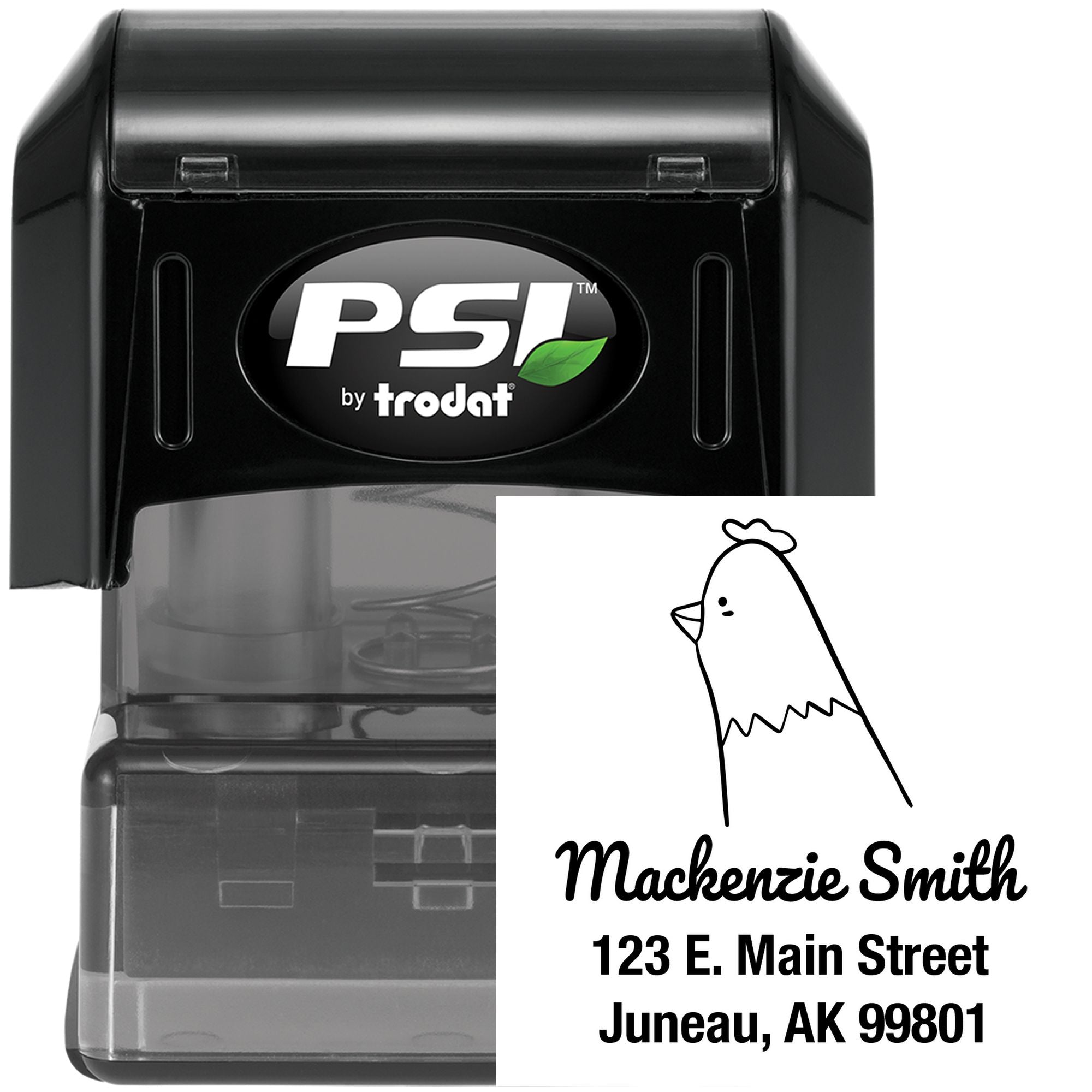 Image of a Clucking Chicken Pre-Inked Handcrafted Return Address Stamp. The stamp features a custom return mail design with a chicken illustration and sample address: Mackenzie Smith, 123 E. Main Street, Juneau, AK 99801. The stamp is black with a PSI logo.