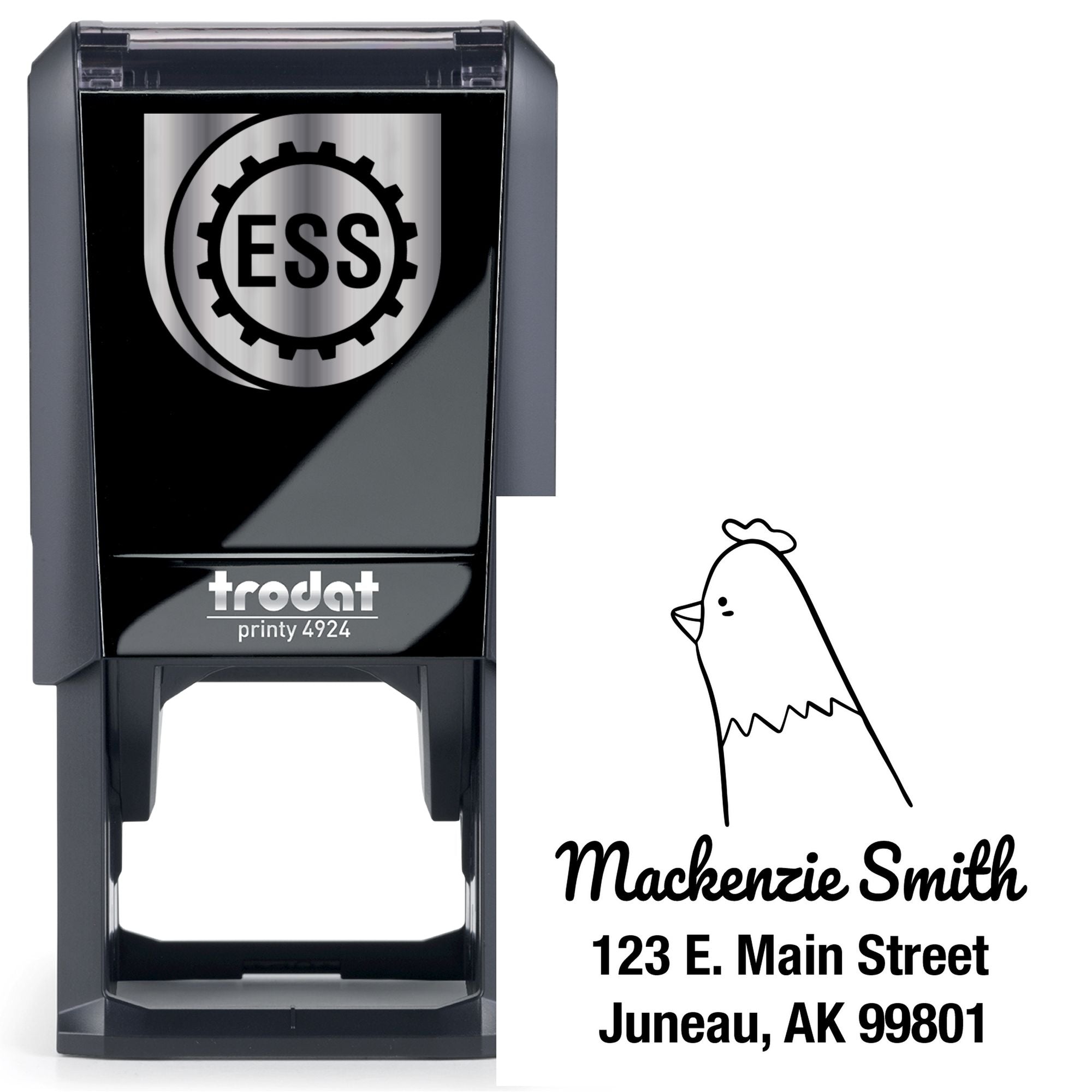Self-Inking Cartoon Animal Clucking Chicken Personalized Return Address Stamper featuring a custom-made address stamper design with a cute chicken illustration and the name Mackenzie Smith, 123 E. Main Street, Juneau, AK 99801.