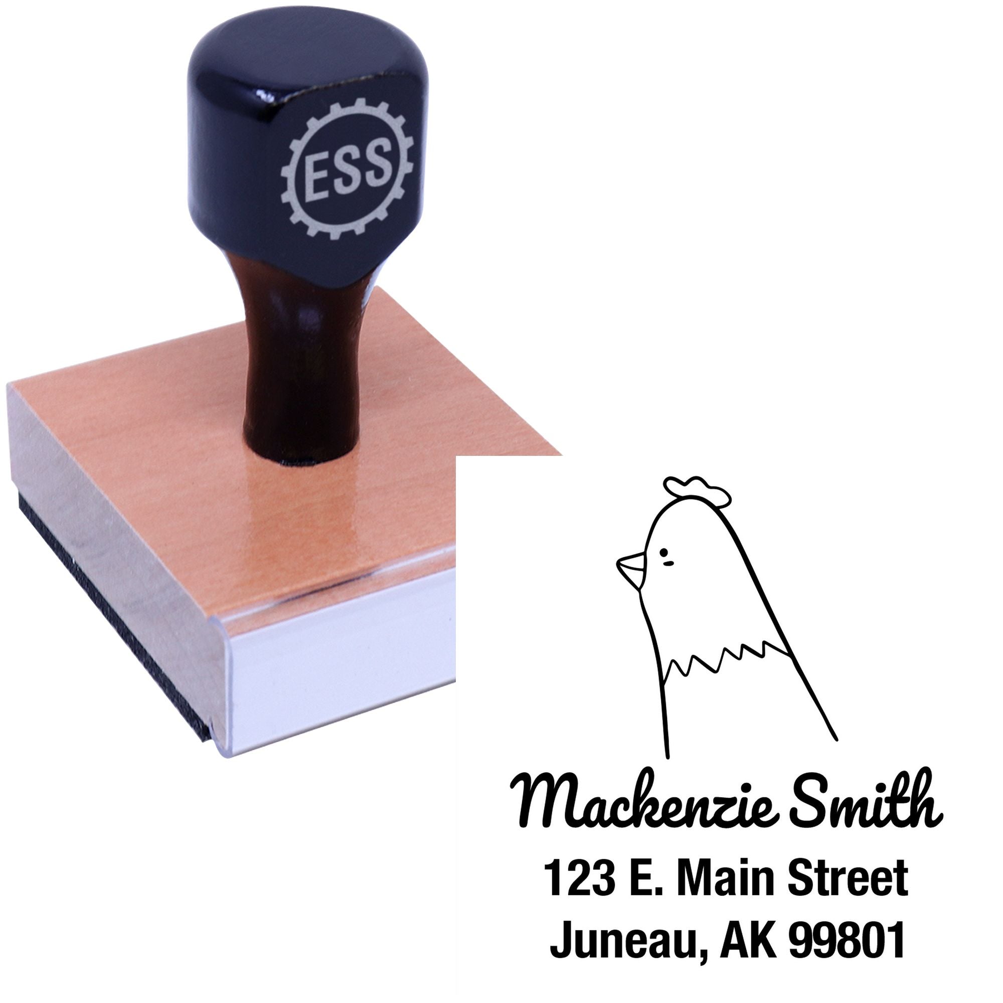 Wood Handle Clucking Chicken Cartoon Animal Custom Home Address Stamp with a personalizable home stamper design. The stamp features a wooden handle and a cartoon chicken, ideal for customizing home addresses.