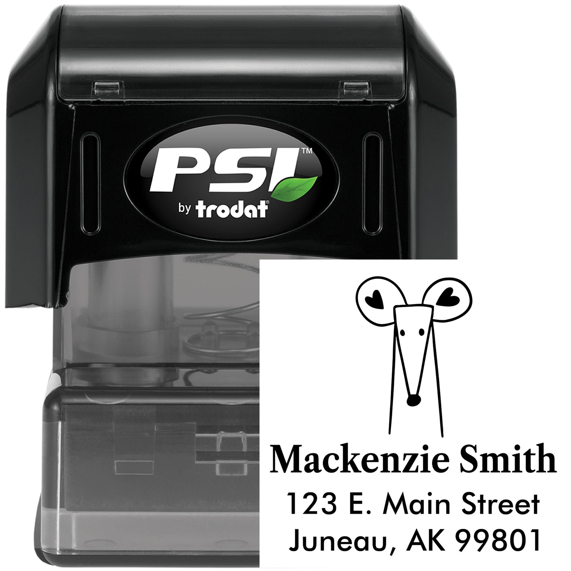 Mighty Mouse Pre-Inked Handcrafted Return Address Stamper with a personalizable new address stamp design. The image shows a black stamper with a sample address featuring a mouse illustration and customizable text.