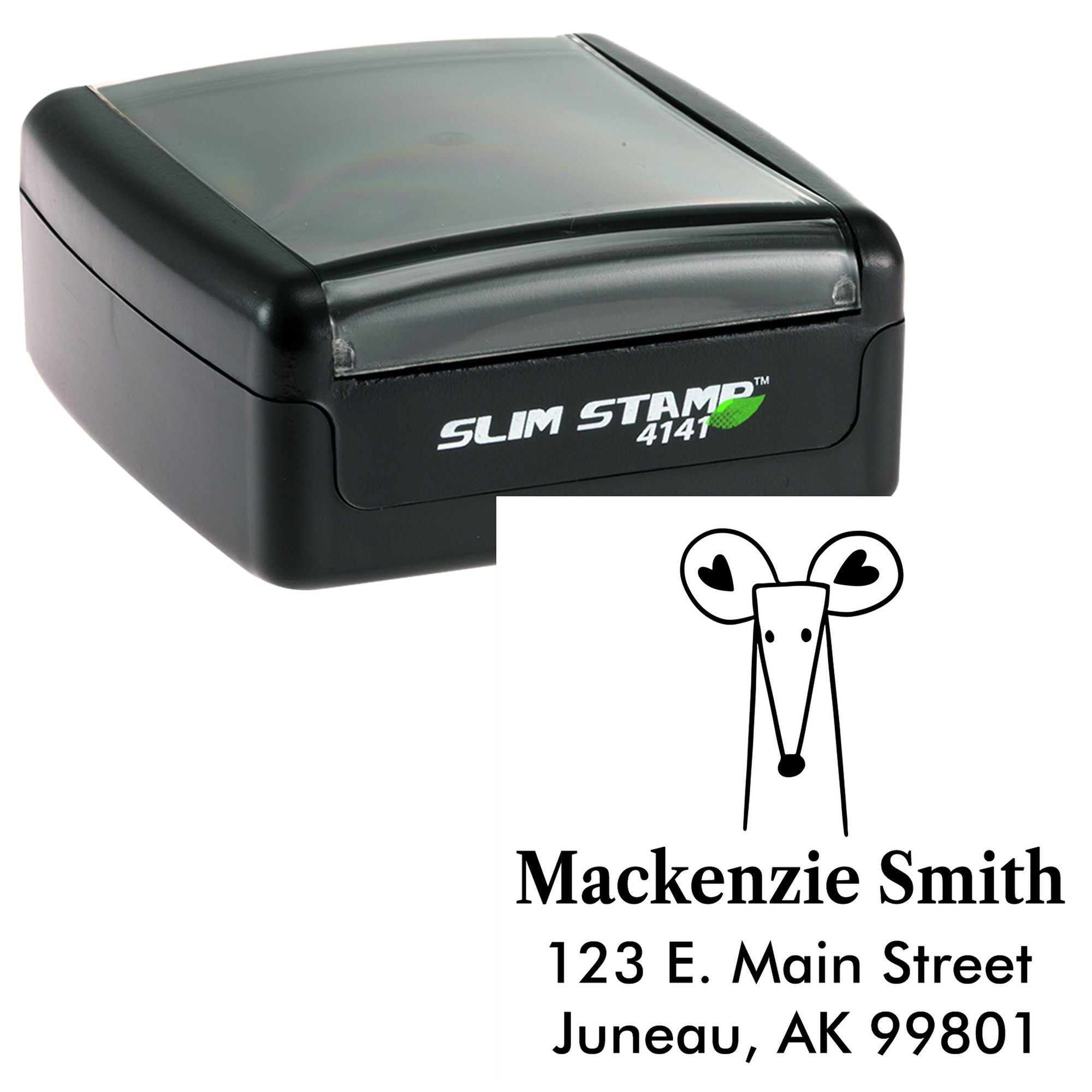 Image of a Portable Pre-Inked Mighty Mouse Made To Order Return Address Stamp. The black, compact design features a personalized mailing stamp with a mouse graphic and the name "Mackenzie Smith" alongside an address in Juneau, AK.