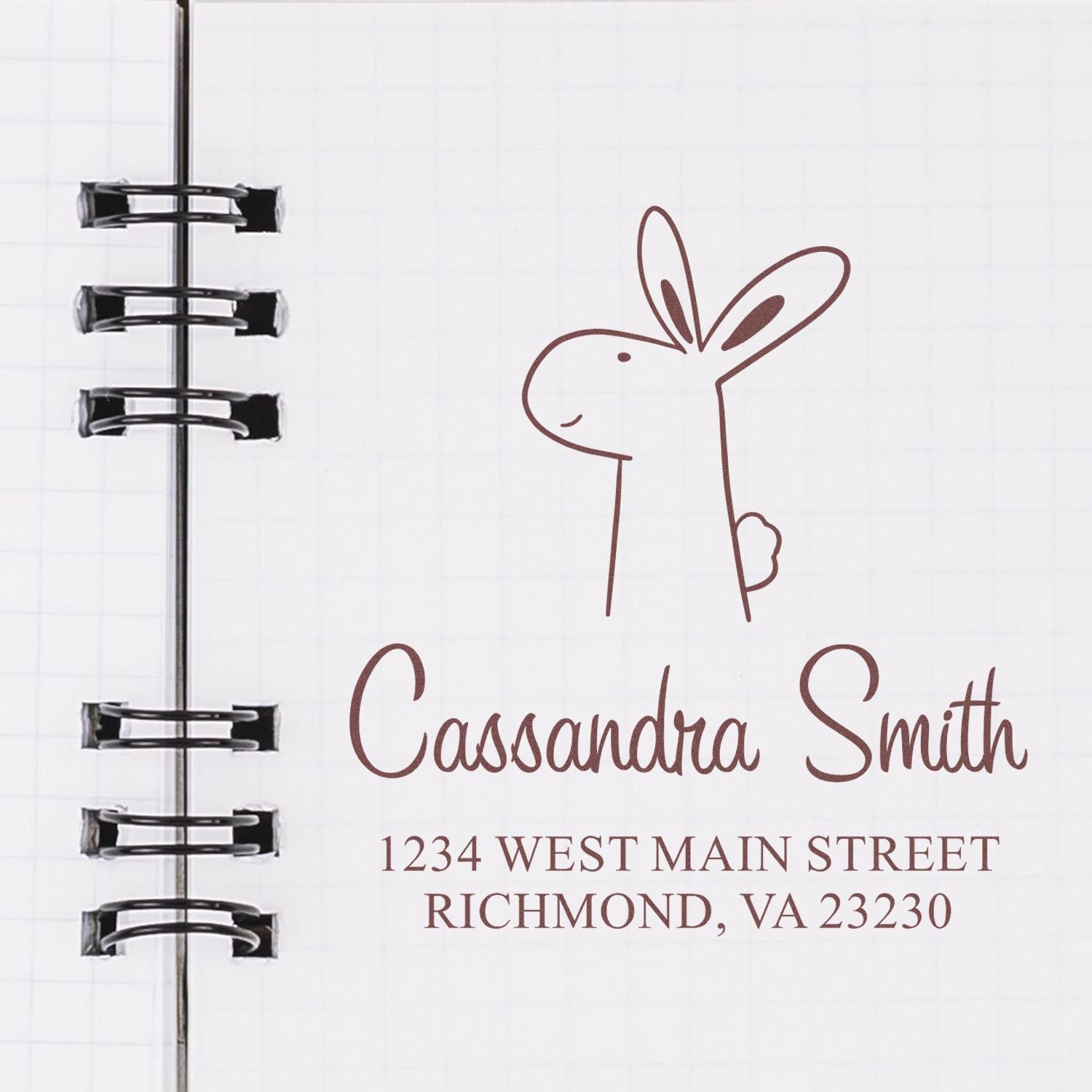 Self-Inking Cartoon Animal Bouncy Bunny Personalized Home Address Stamper on a notebook page. The Custom Address Stamp features a cute bunny illustration with the name "Cassandra Smith" and address "1234 West Main Street, Richmond, VA 23230" in elegant font.