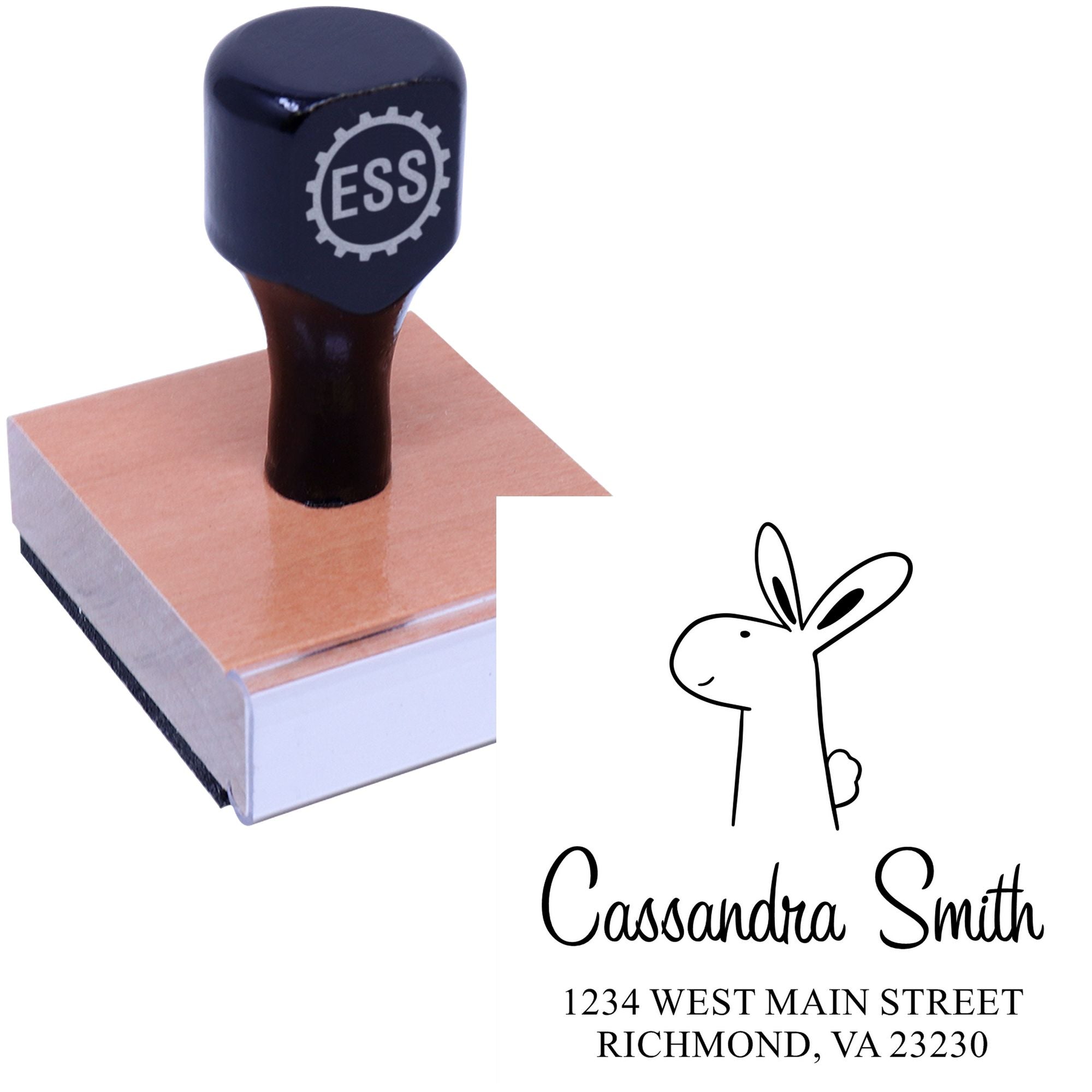 Wood Handle Bouncy Bunny Cartoon Animal Custom Return Address Stamp with a black handle and wooden base. The Customized Address Stamper features a cute bunny design and personalized text for Cassandra Smith, 1234 West Main Street, Richmond, VA 23230.