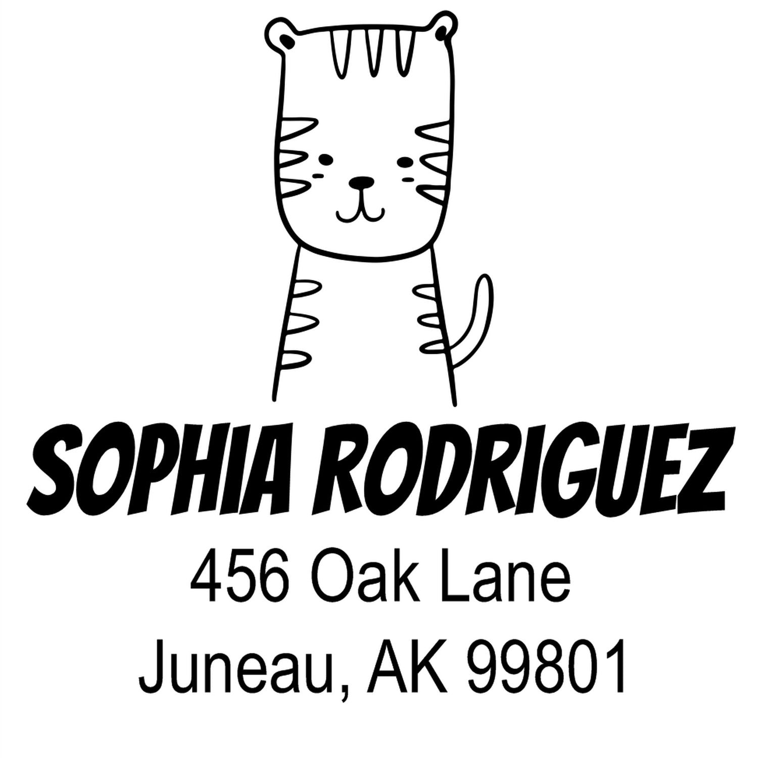 Image of a Portable Pre-Inked Terrific Tiger Made To Order Home Address Stamp featuring a cute tiger illustration. The text reads "Sophia Rodriguez, 456 Oak Lane, Juneau, AK 99801." This Customized Return Mail Stamp is designed for personal use.