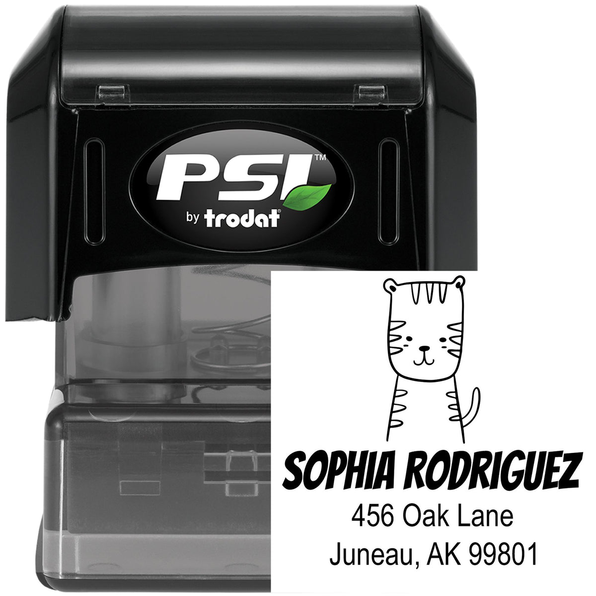 Terrific Tiger Pre-Inked Handcrafted Home Address Stamper featuring a cute tiger design. Personalizable Return Mail Stamper with customizable name and address, shown in black with "Sophia Rodriguez, 456 Oak Lane, Juneau, AK 99801."