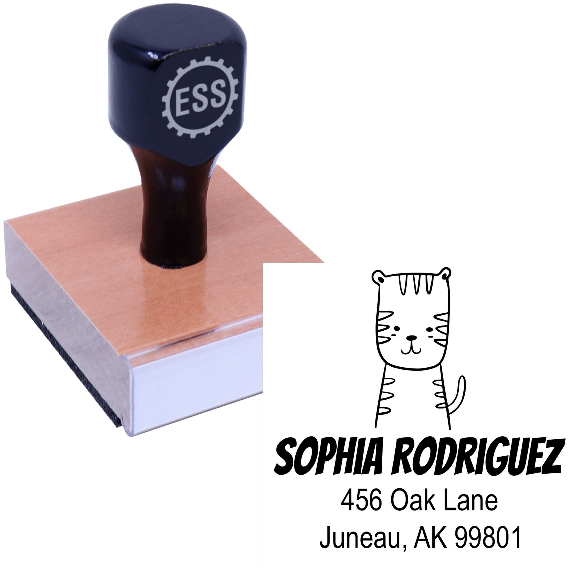 Wood Handle Terrific Tiger Cartoon Animal Custom Return Address Stamper featuring a cute tiger illustration. This Customized Address Stamper includes a wooden handle and personalized address details, perfect for adding a playful touch to your mail.