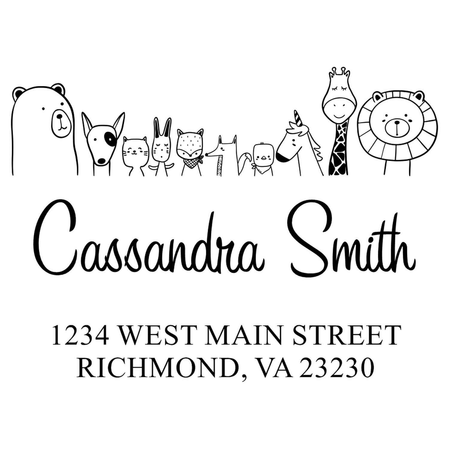 Image of a Portable Pre-Inked Zany Zoo Made To Order Home Address Stamper featuring whimsical animal illustrations above the name "Cassandra Smith" and address "1234 West Main Street, Richmond, VA 23230." A Custom-Made Return Mail Stamper design.