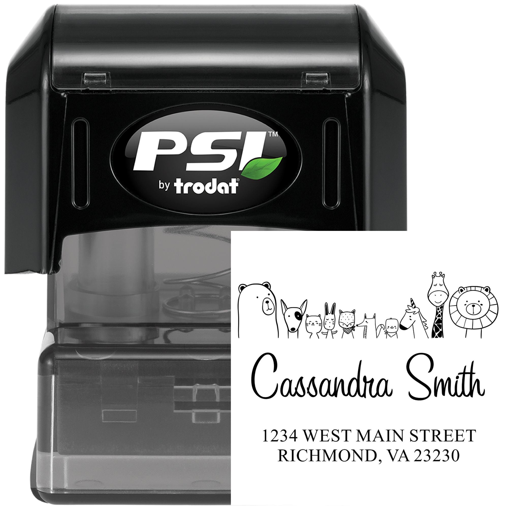 Zany Zoo Pre-Inked Handcrafted Return Address Stamp featuring a Custom-Made Home Stamper design with whimsical animal illustrations and personalized address details. The stamp is black with a clear base, showcasing the name "Cassandra Smith" and an address in Richmond, VA.