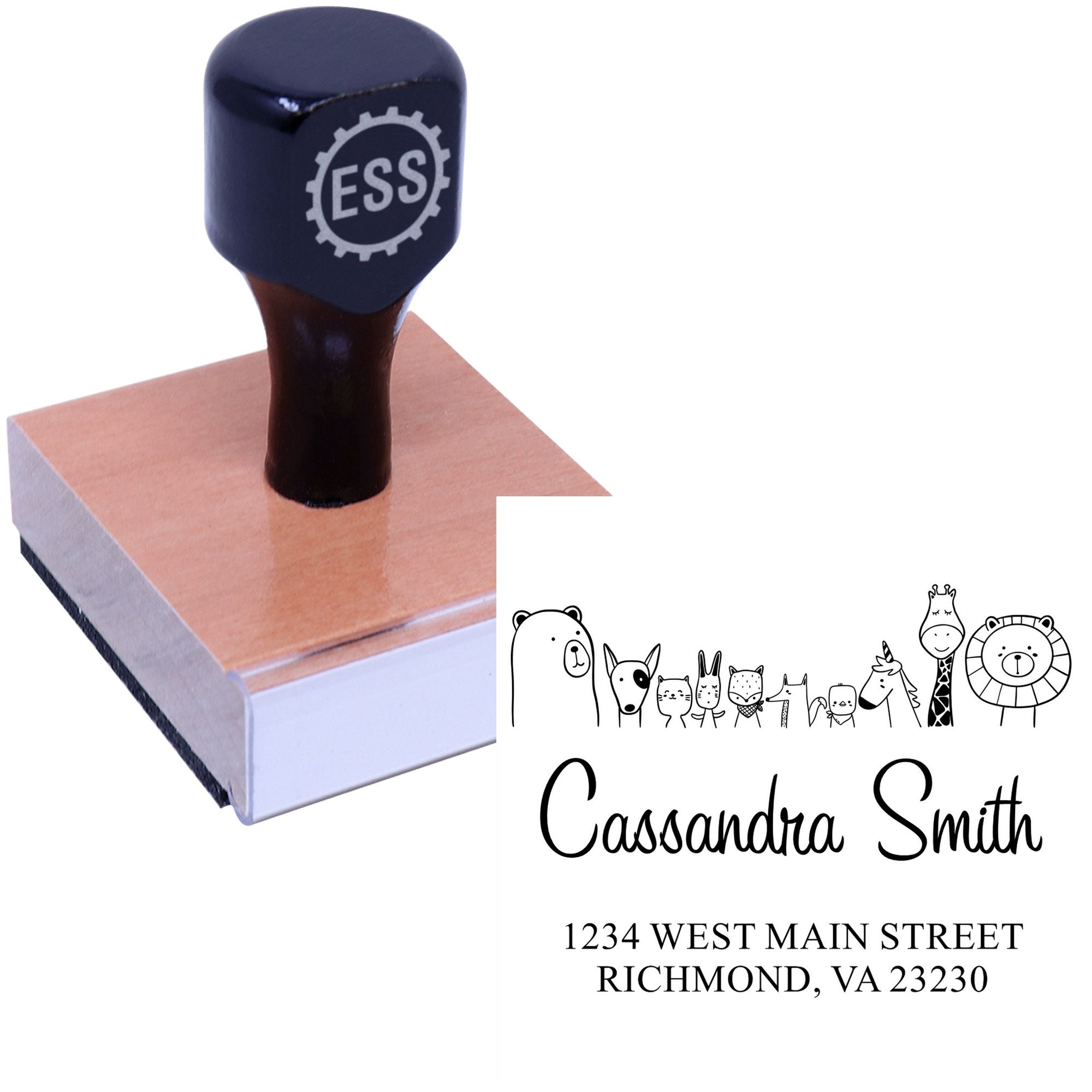 Wood handle stamp with "ESS" logo, featuring a Zany Zoo cartoon animal design. The Customizable Home Stamper displays "Cassandra Smith" and an address. Ideal for new home personalization.