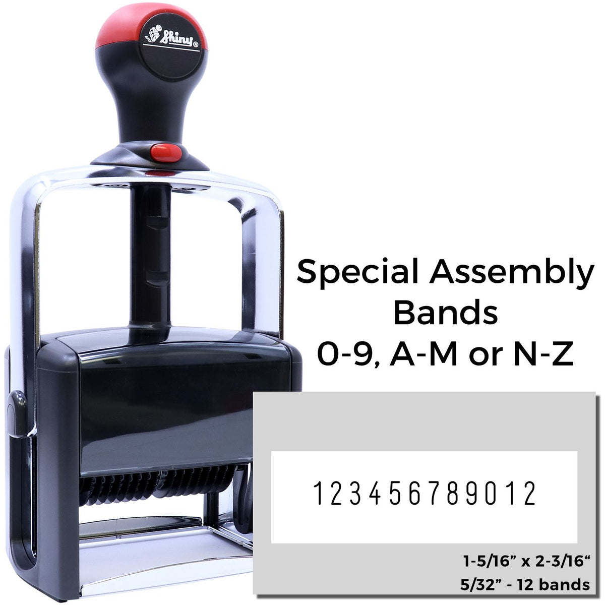 Black and red self-inking stamp/seal with chrome frame, 12-number bands, and special assembly bands for custom numbering.