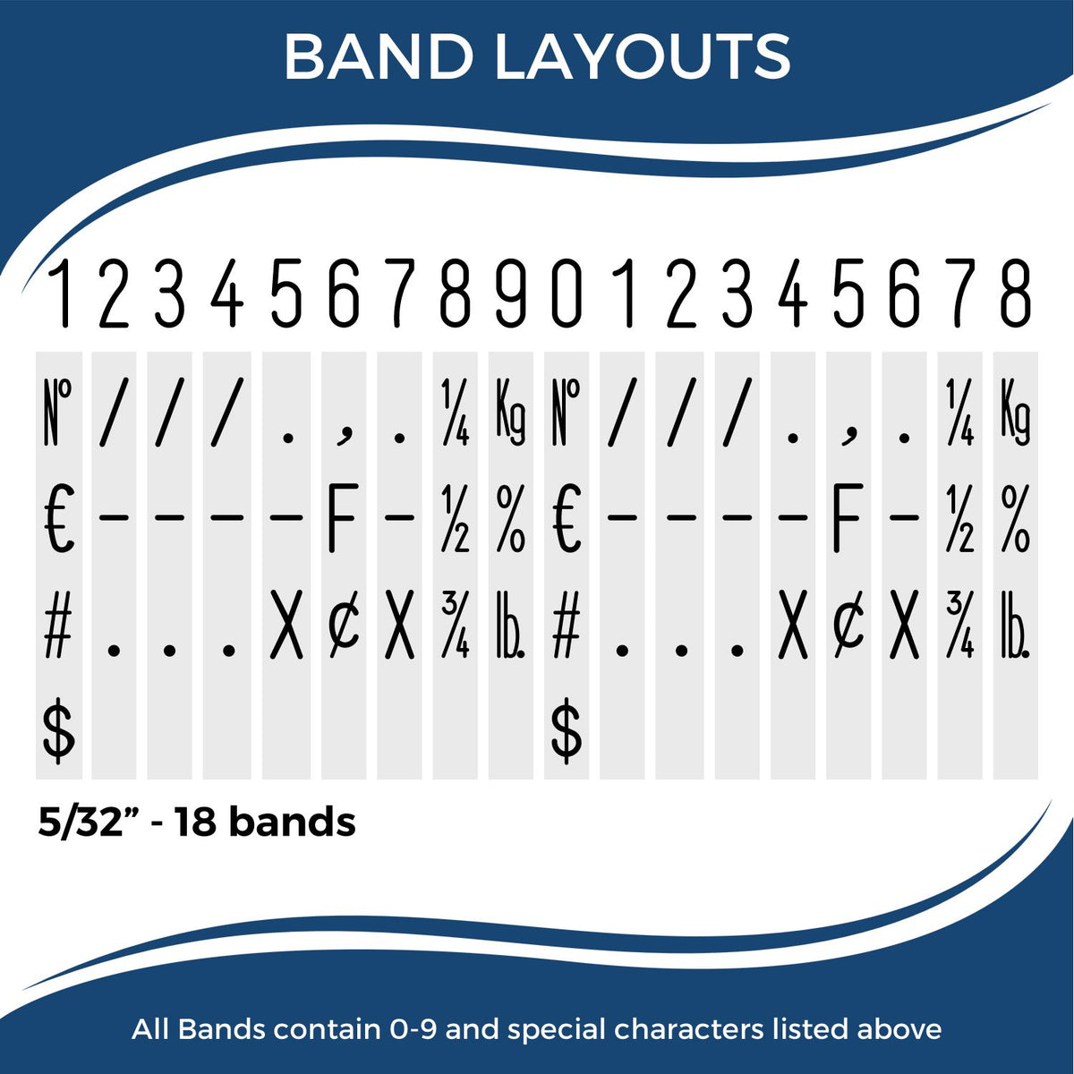 Blue-and-white stamp and seal band layout chart with numbers, symbols, 5/32-inch size, and 18 bands.