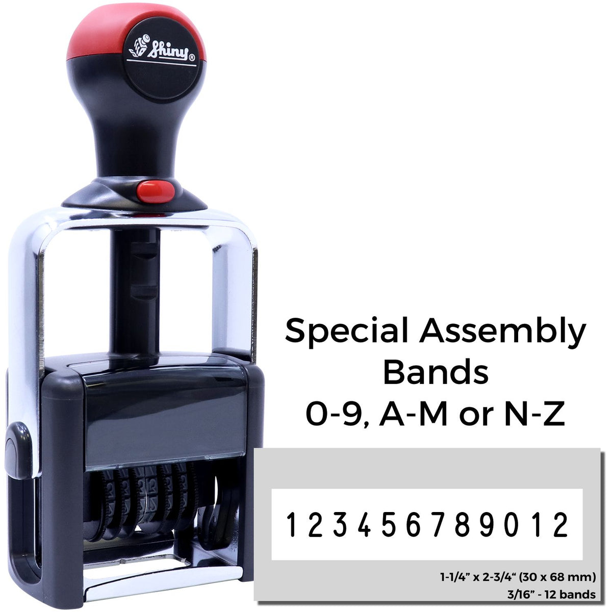 Black and red self-inking assembly band stamp seal with chrome frame, adjustable number bands, and date/letter settings
