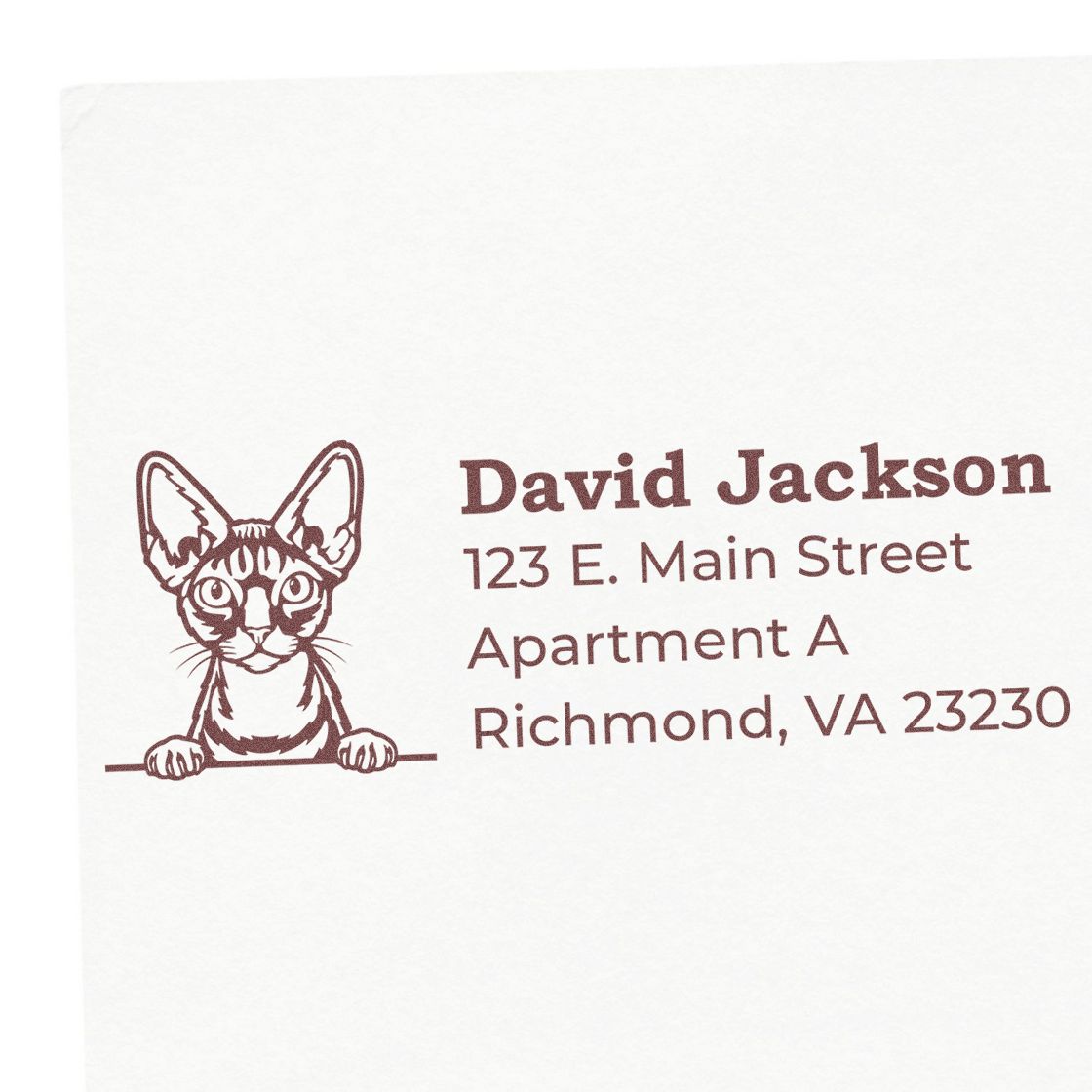 PSI Pre-Inked Peeking Devon Rex Cat Personalized Address Stamp on white paper, featuring a cute cat illustration and sample address text in brown ink.