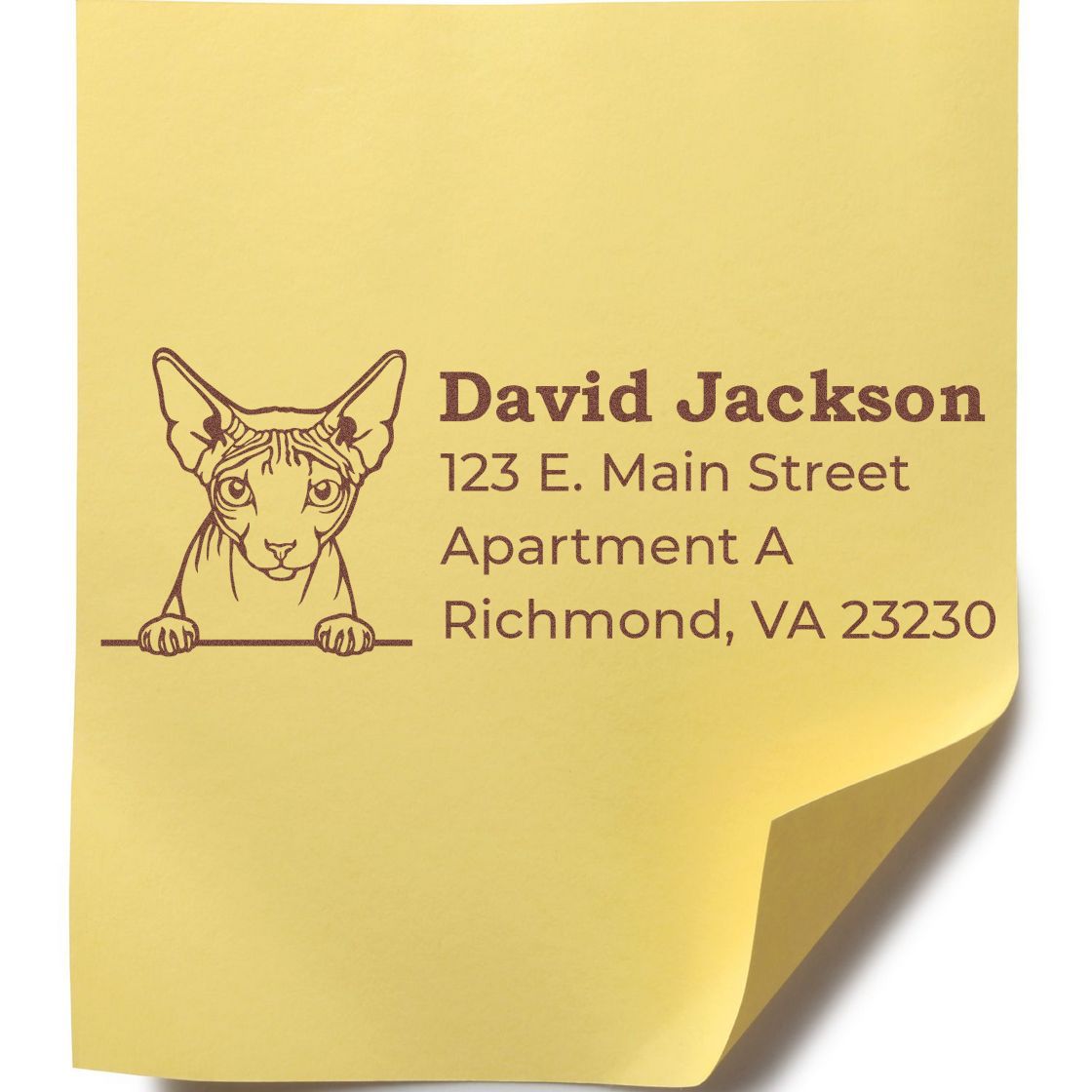 Yellow paper with a PSI Pre-Inked Peeking Don Sphynx Cat Personalized Address Stamp featuring a cat illustration and sample address text in brown ink.