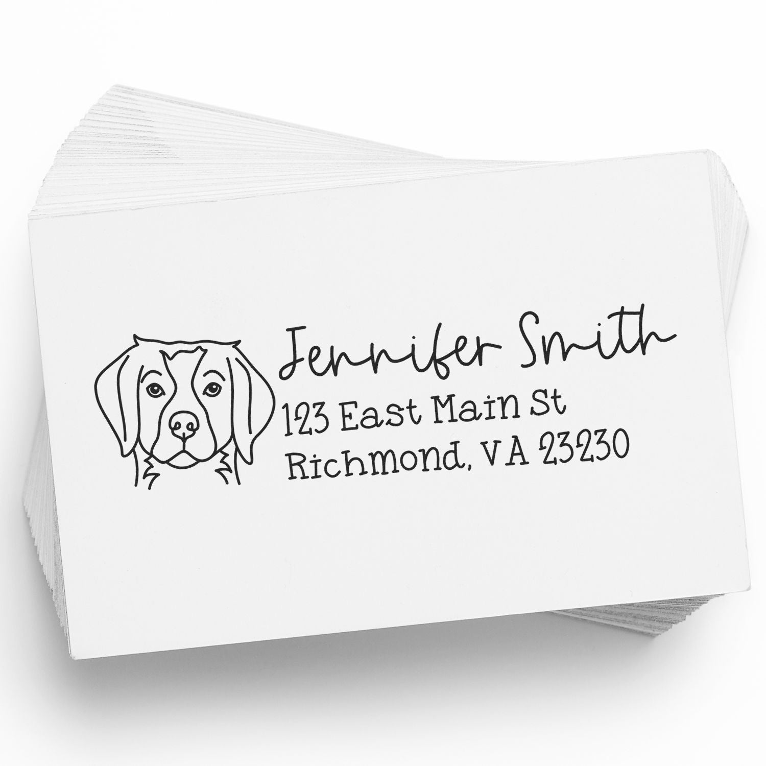 Black custom address stamp and seal with dog line art on white cards, reading Jennifer Smith, 123 East Main St, Richmond, VA 23230