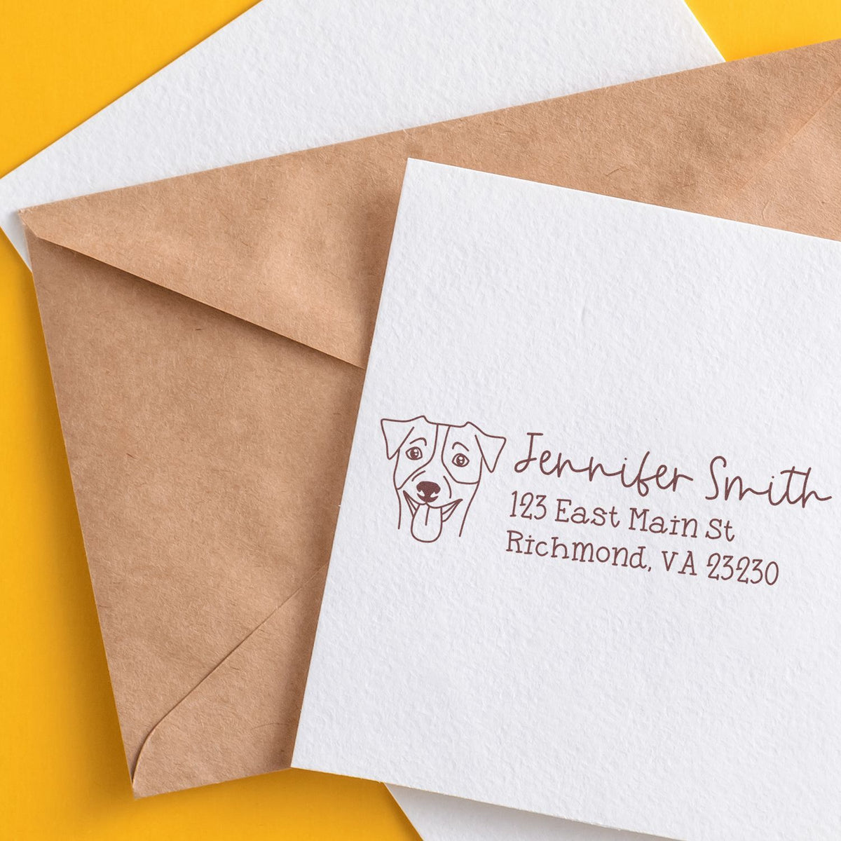 Custom dog return-address stamp and seal on white envelope with kraft envelope on bright yellow background