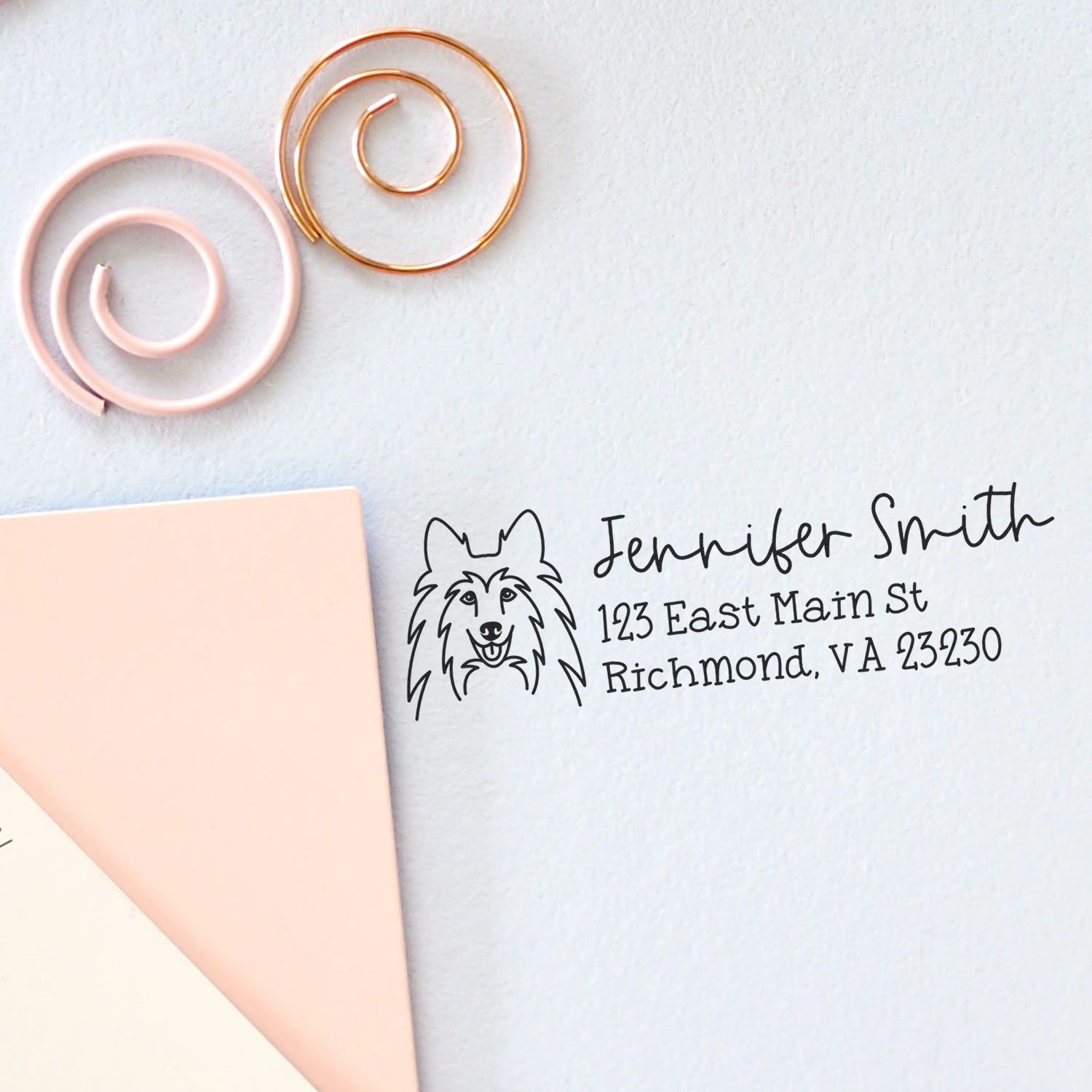 Slim Customized Address Stamp Shetland Sheepdog Dog Outline - Engineer Seal Stamps