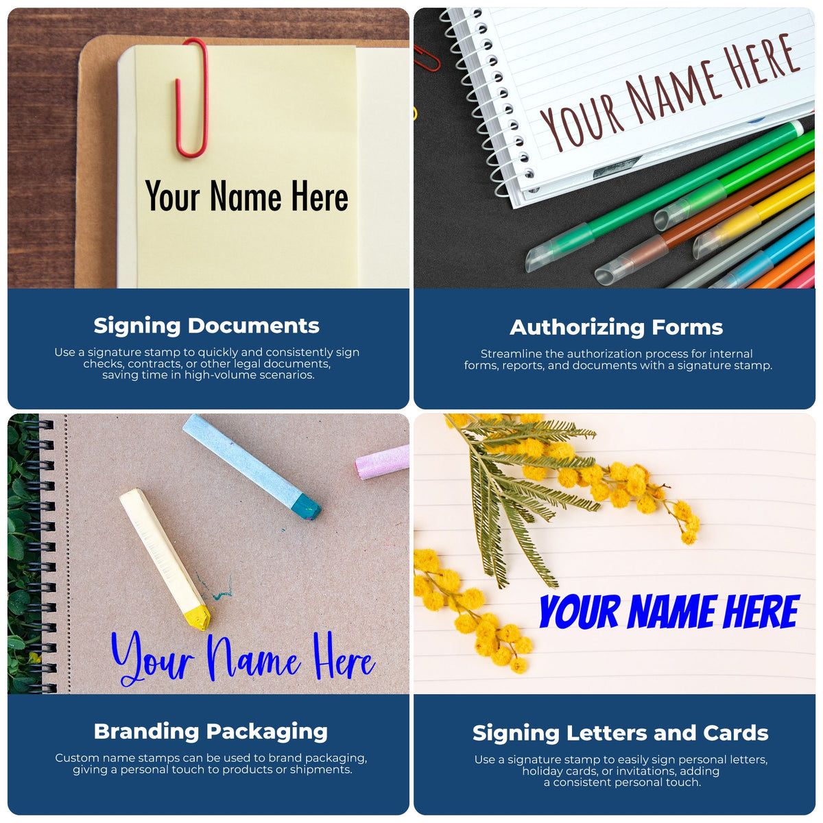 Custom stamp and seal product collage with notebooks, pens, and Your Name Here text in cream, blue, black, and yellow.