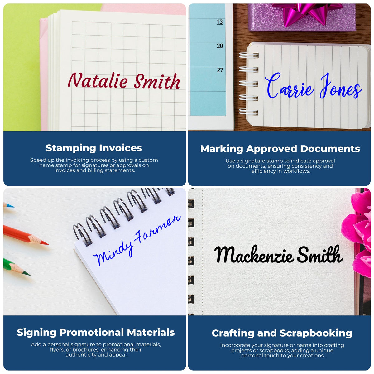 Custom name stamp and signature seal examples in red, blue, and black on notebooks, invoices, and scrapbook pages.