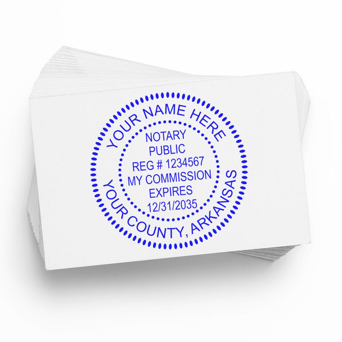 Blue circular notary public seal stamp on white stacked cards, with custom name, registration number, and Arkansas county text.