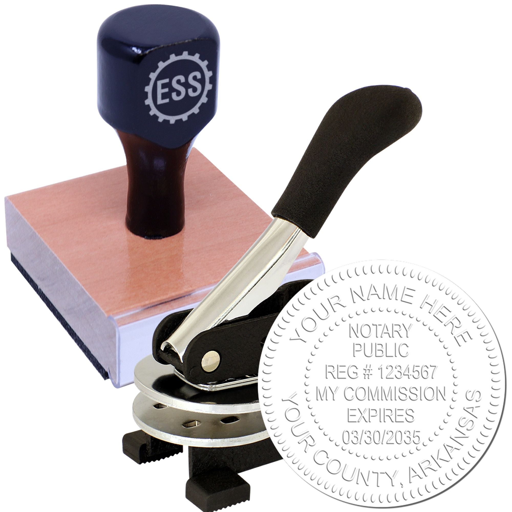Arkansas Notary Stamp and Seal Bundle with Notary Desk Seal and Round Wood Notary Stamp - Engineer Seal Stamps