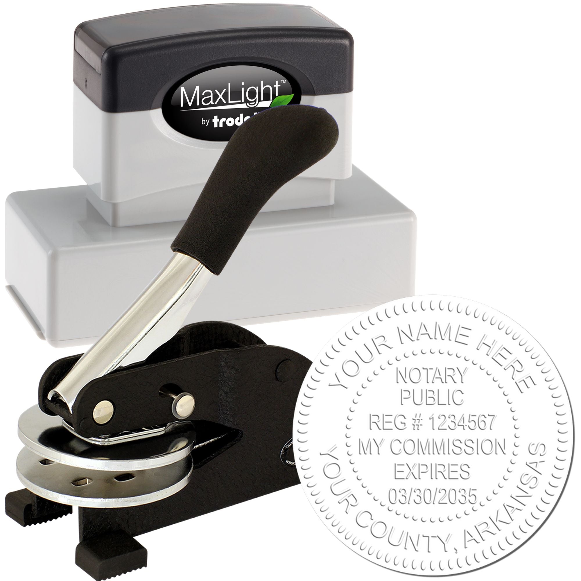 Rectangular MaxLight Notary Stamp AR and Arkansas Notary Public Desk Seal Embosser Kit - Engineer Seal Stamps