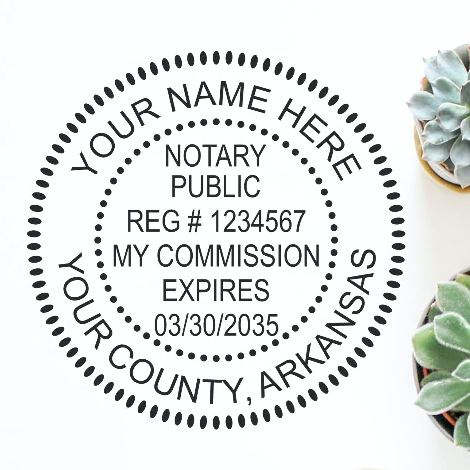Black circular notary stamp and seal with dotted border, placeholder text, and date on white background beside green succulents.