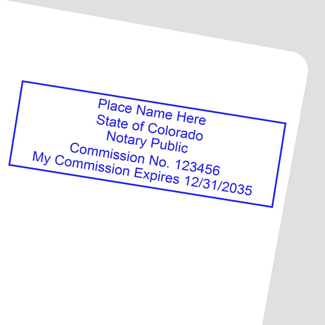 Blue Colorado notary public stamp seal with rectangular border, commission number, and expiration date on white background.