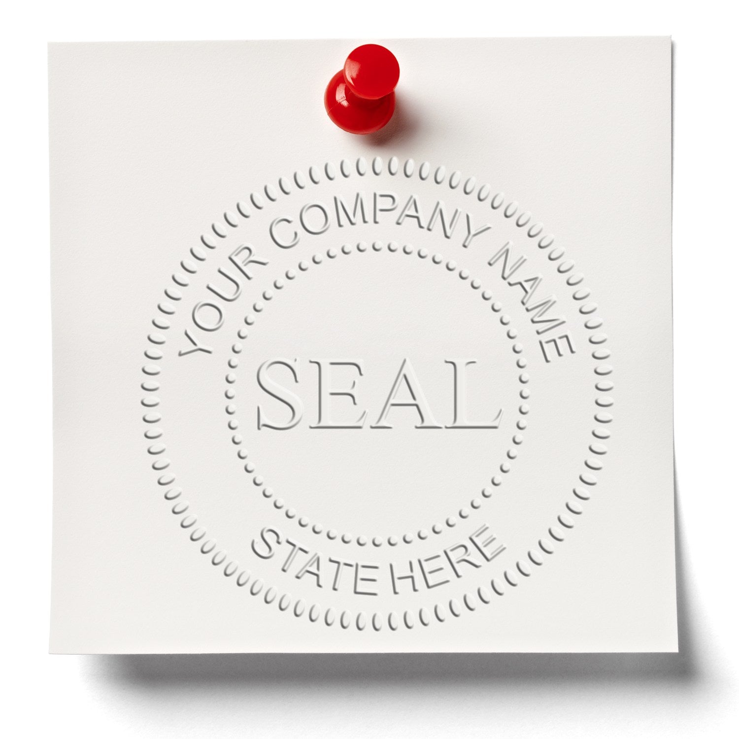 White embossed company seal stamp on paper with red pushpin, circular dotted border, and placeholder text.