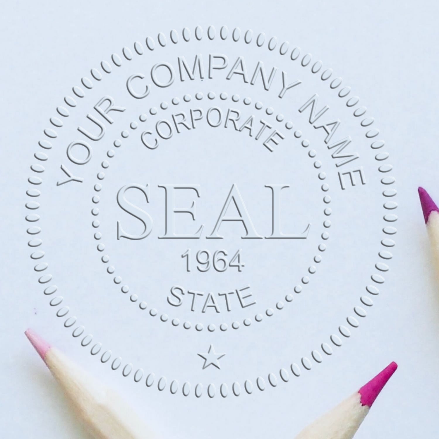 Embossed white corporate seal stamp with circular YOUR COMPANY NAME text, CORPORATE SEAL 1964 STATE, on pale blue paper.