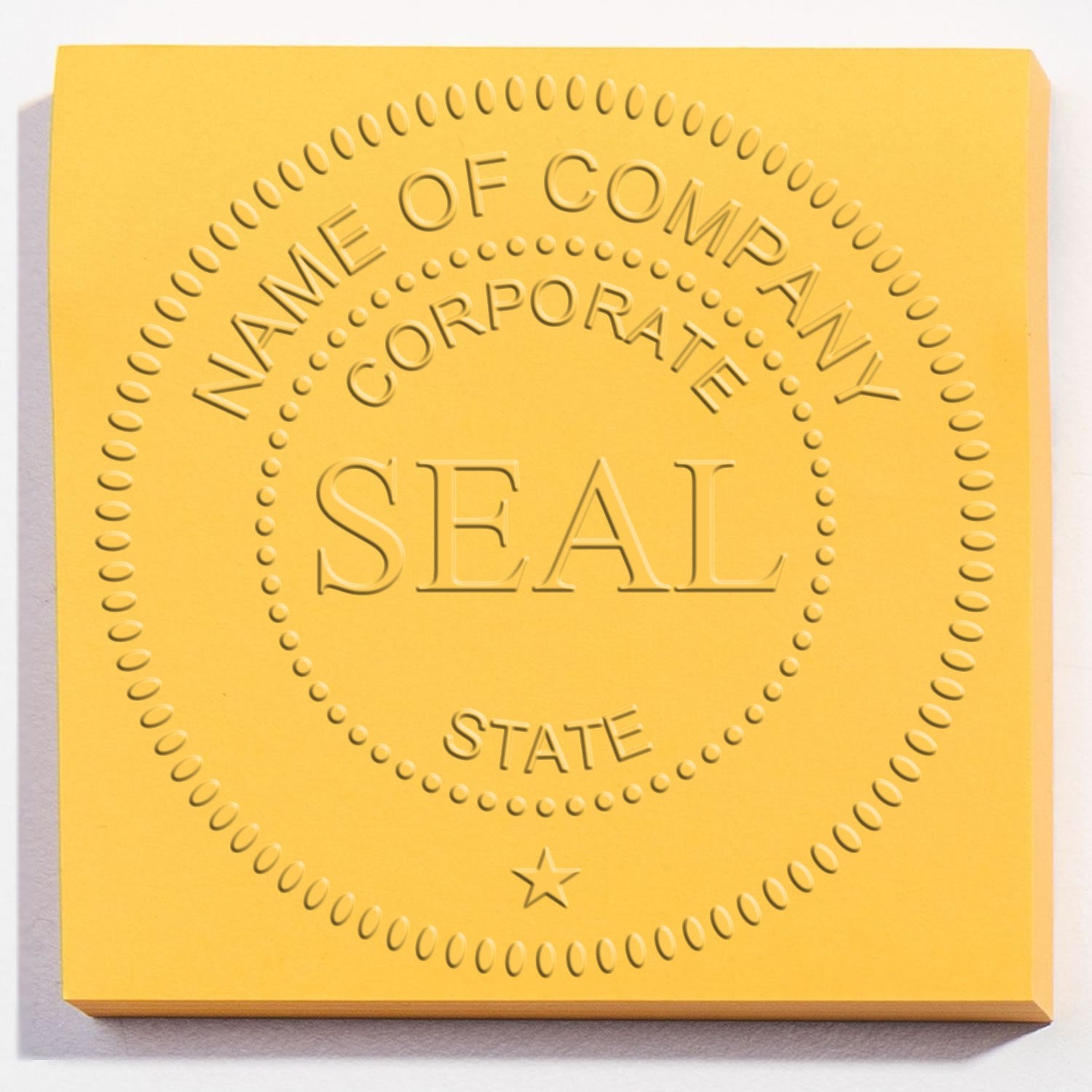 Yellow embossed corporate seal stamp with circular dotted border, star icon, and raised NAME OF COMPANY text
