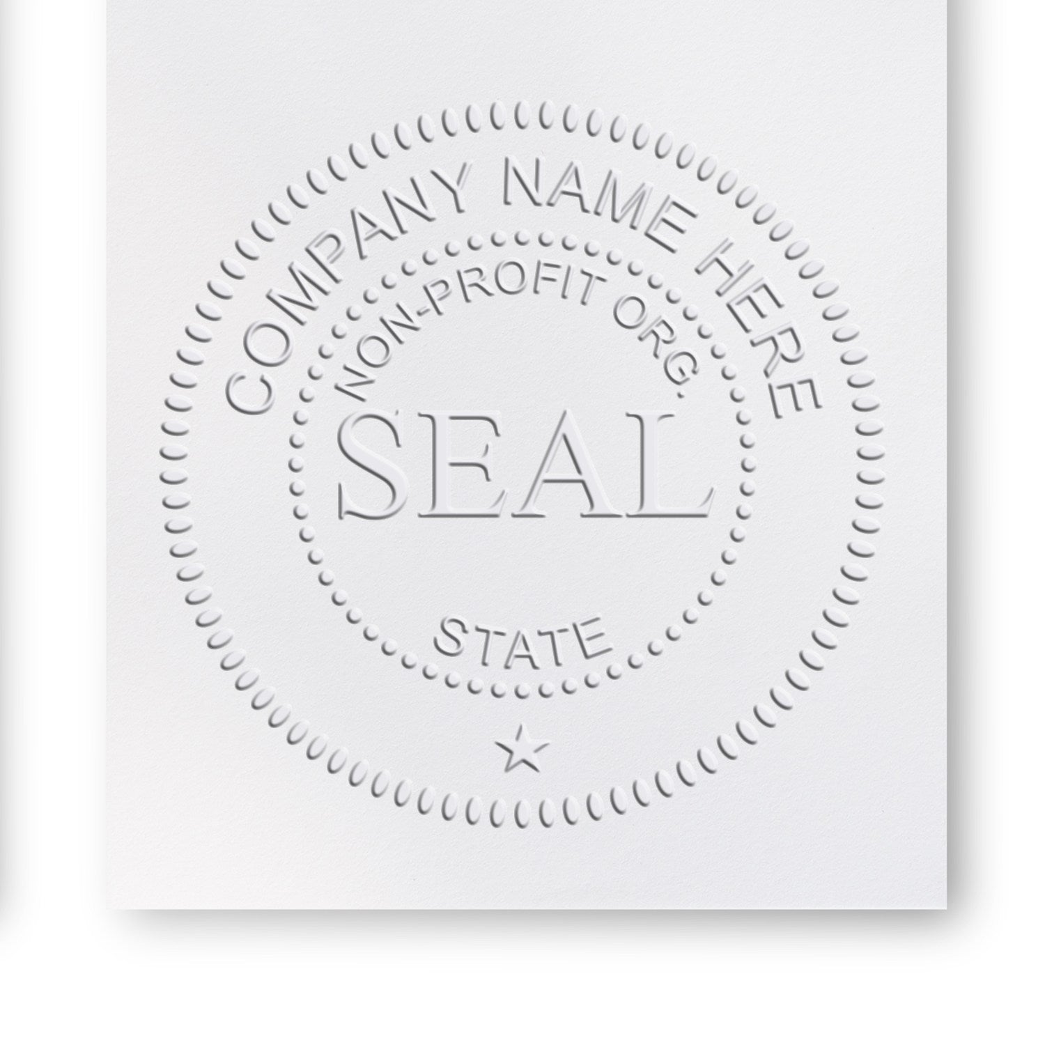 White embossed seal stamp with dotted circular border, SEAL center, and company name, nonprofit org, state text.