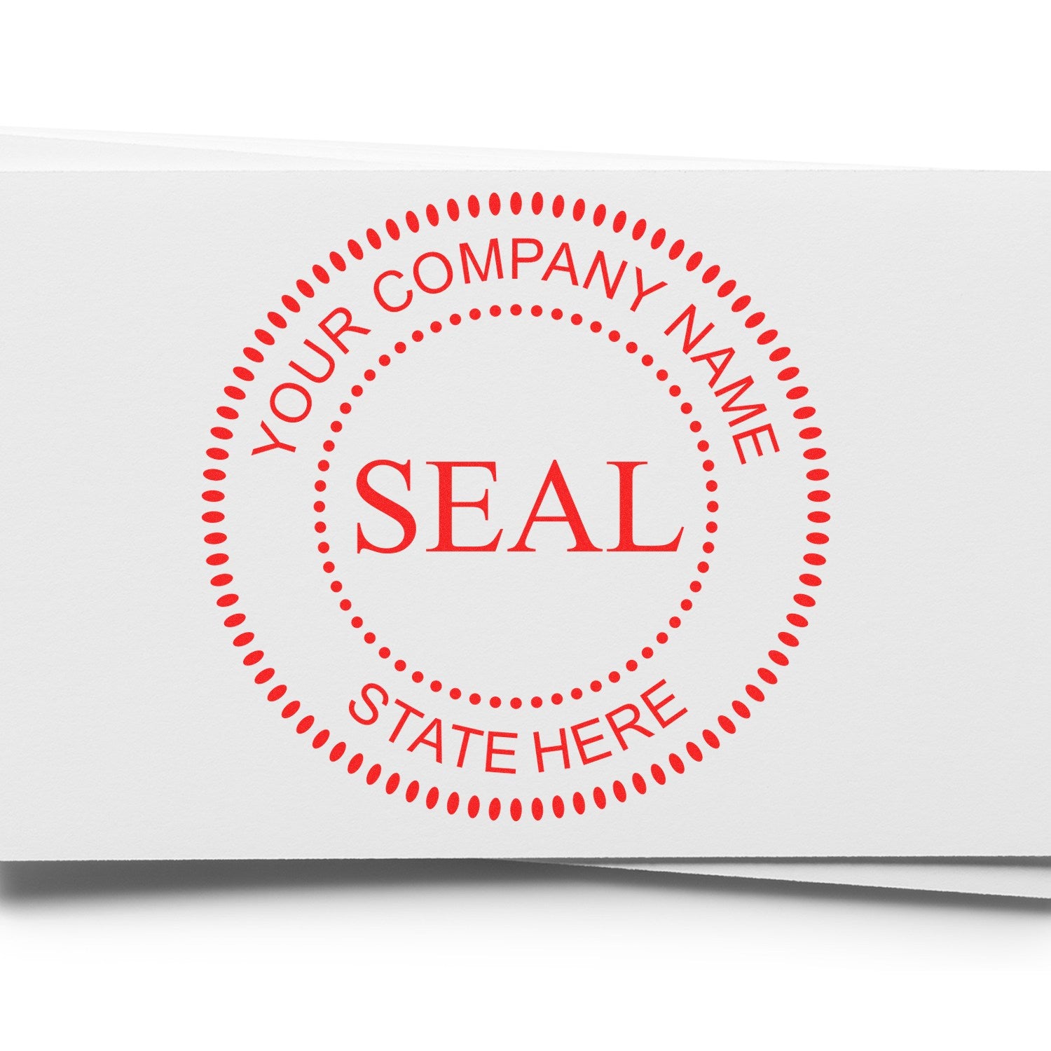 Red circular company seal stamp with dotted border and placeholder text on white paper.