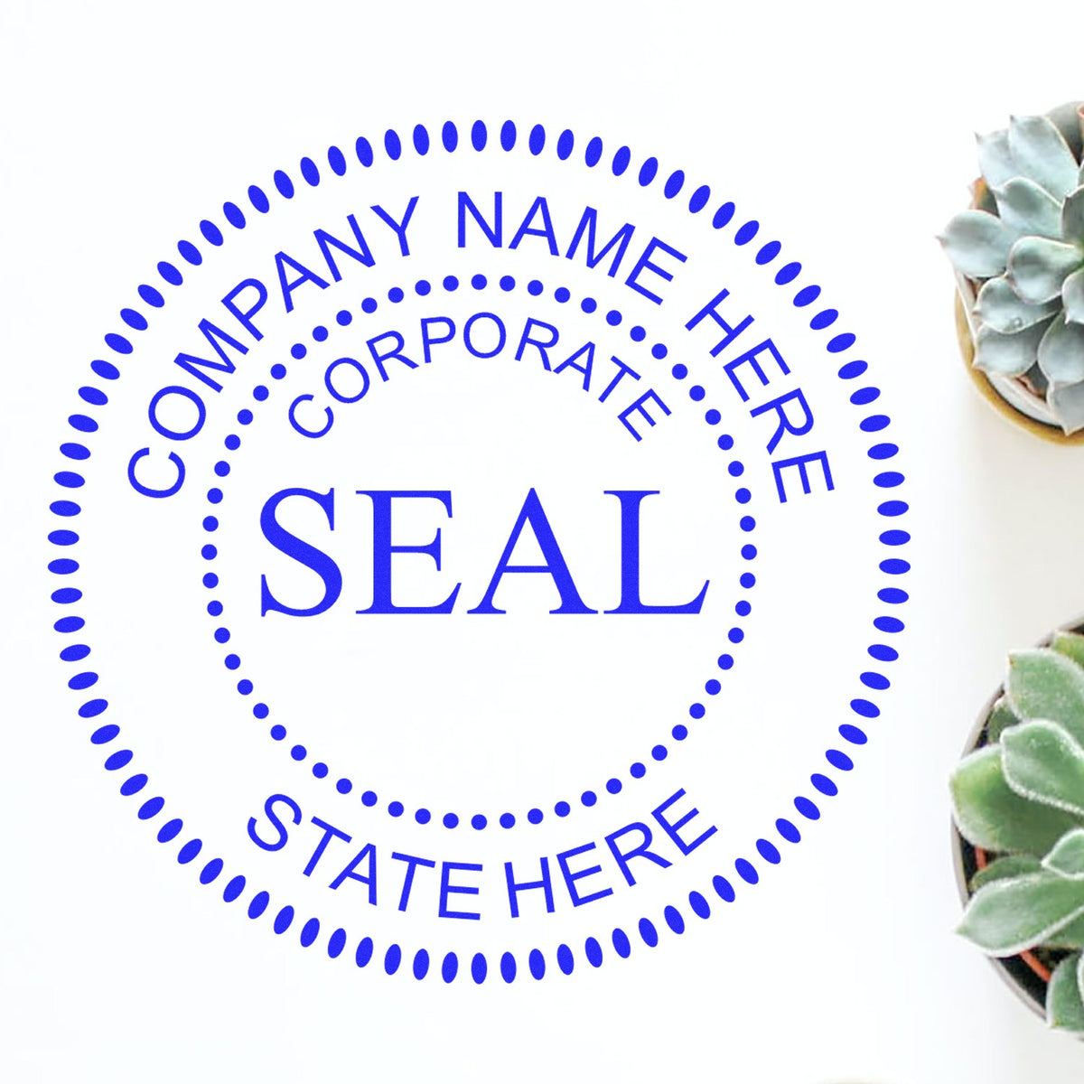 Blue circular corporate seal stamp with dotted border and Company Name Here text on white background, with succulents at right.