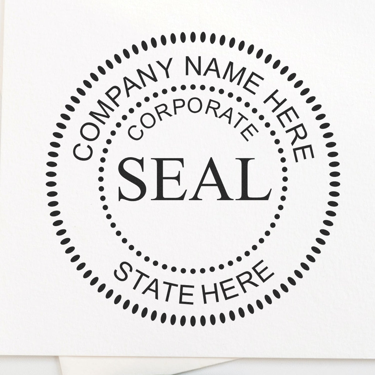 Black corporate seal stamp with dotted circular border and placeholder company name on white paper.