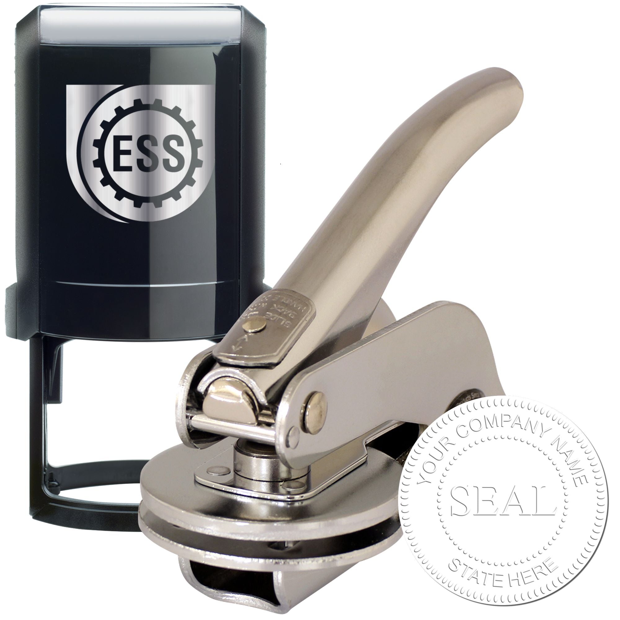 Black self-inking stamp and silver metal seal embosser with circular company seal design