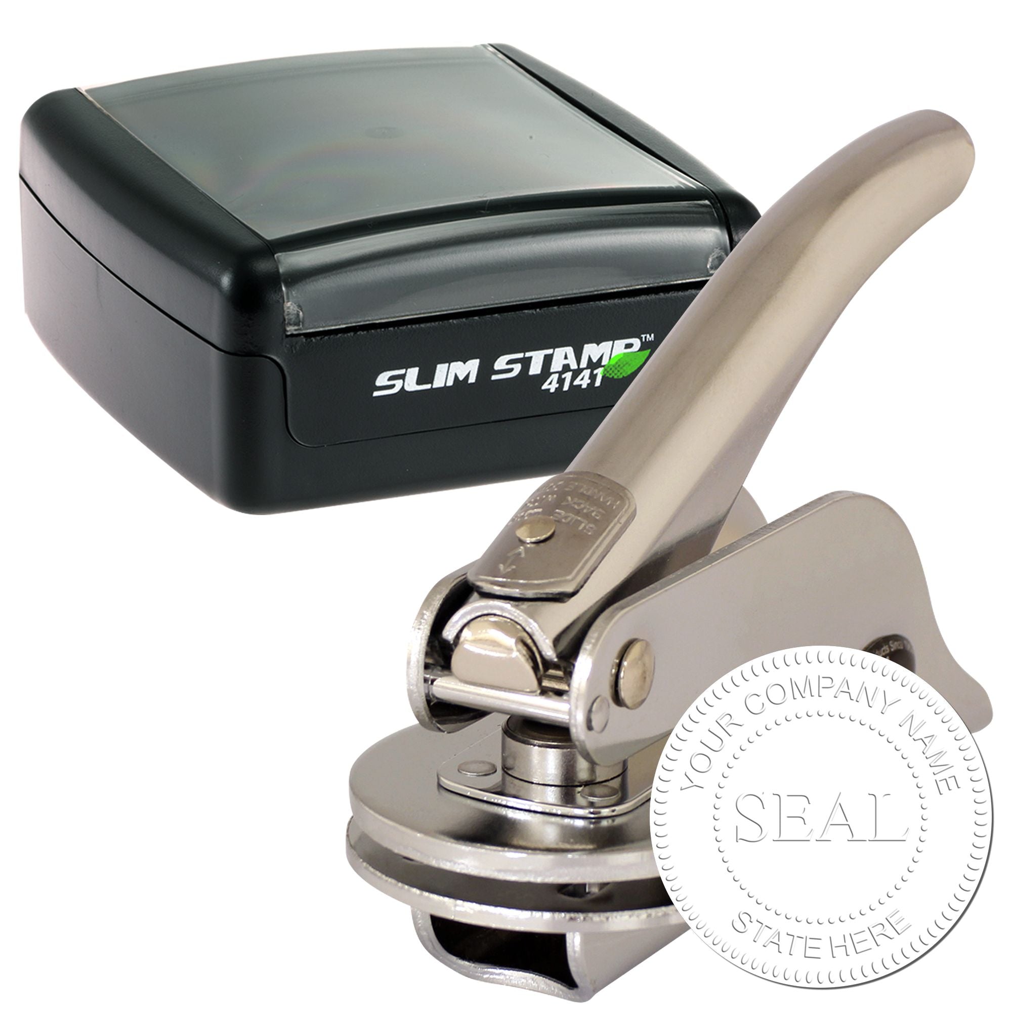 Black self-inking Slim Stamp and silver metal embossing seal with custom circular company seal imprint.