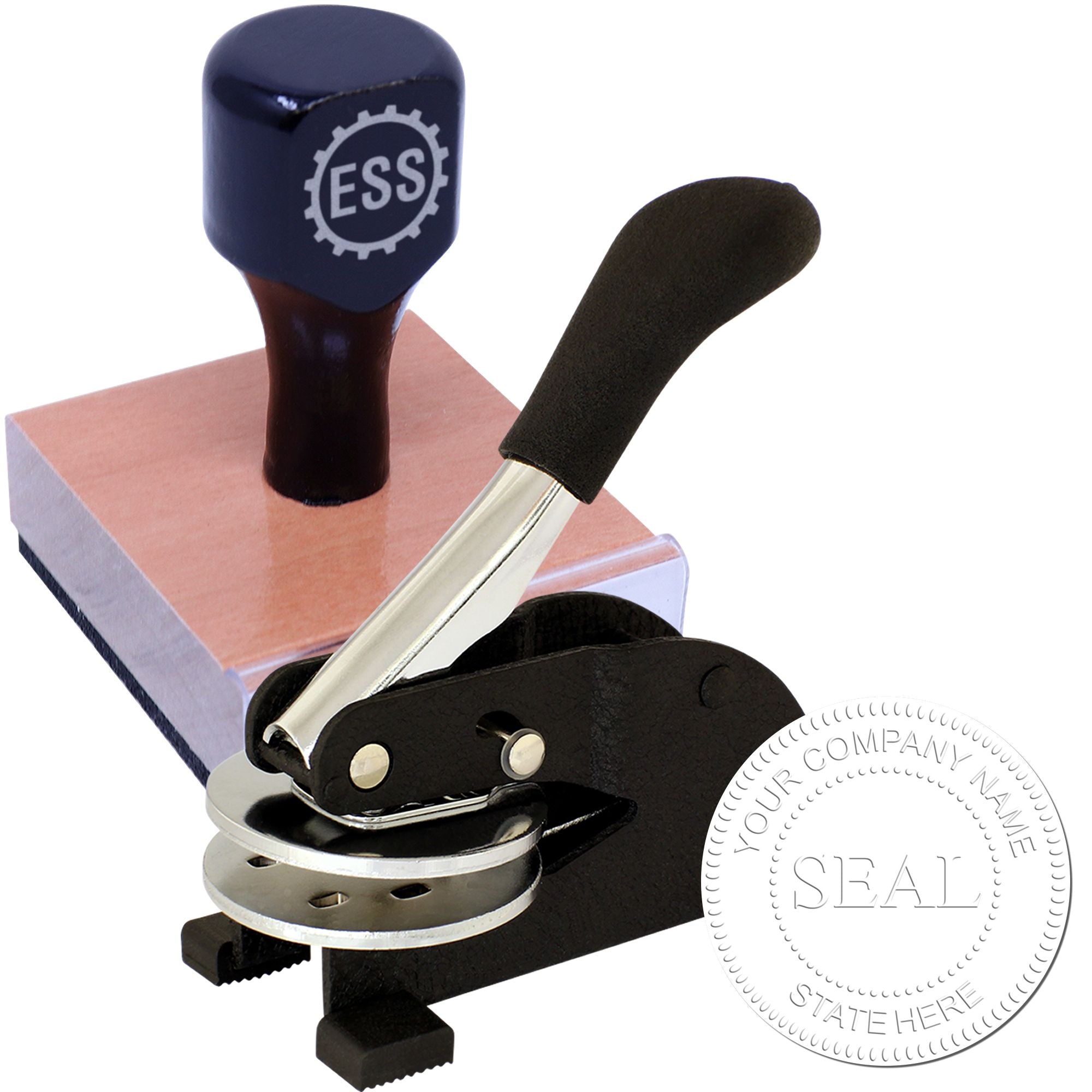 Blue ESS stamp and black embossing seal press with silver handles, shown with pink base and round seal impression.