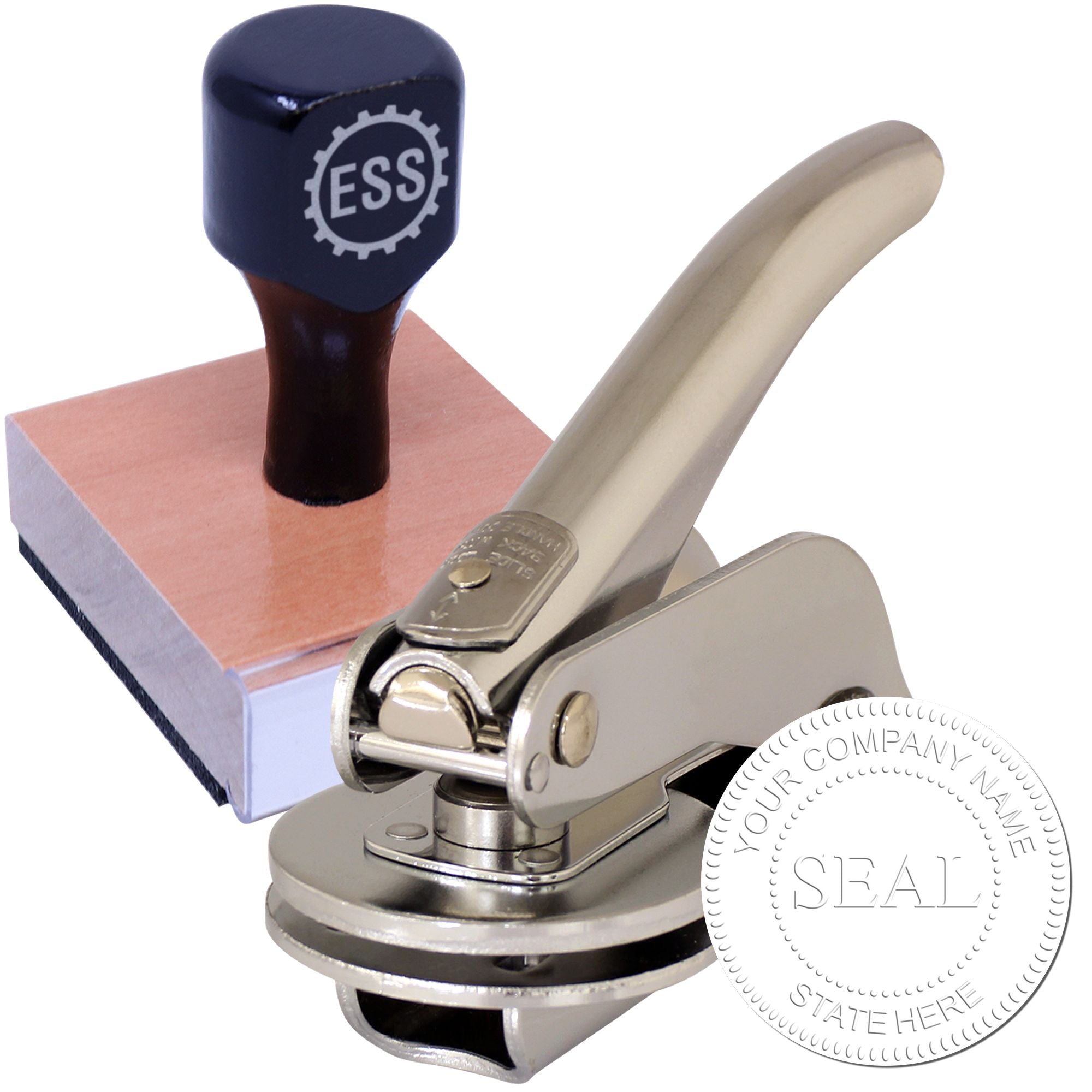 Silver embossing seal press with blue-handled stamp on pink pad, plus circular company seal imprint on white