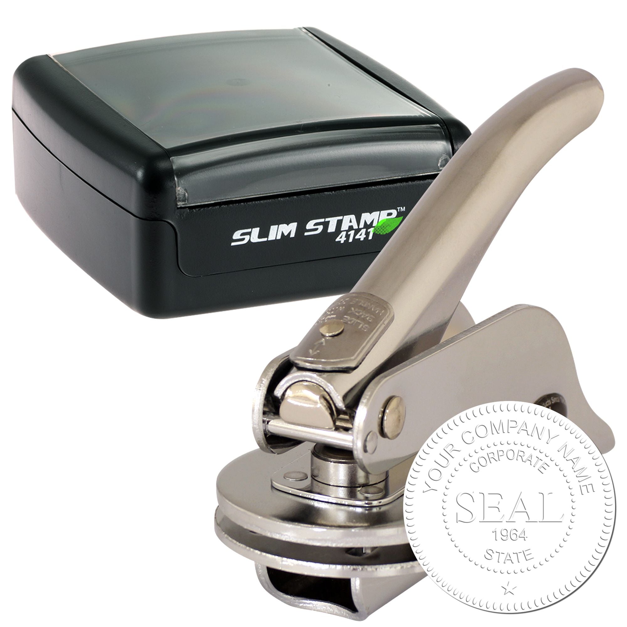 Black Slim Stamp self-inking stamp with silver seal embosser and circular company seal impression