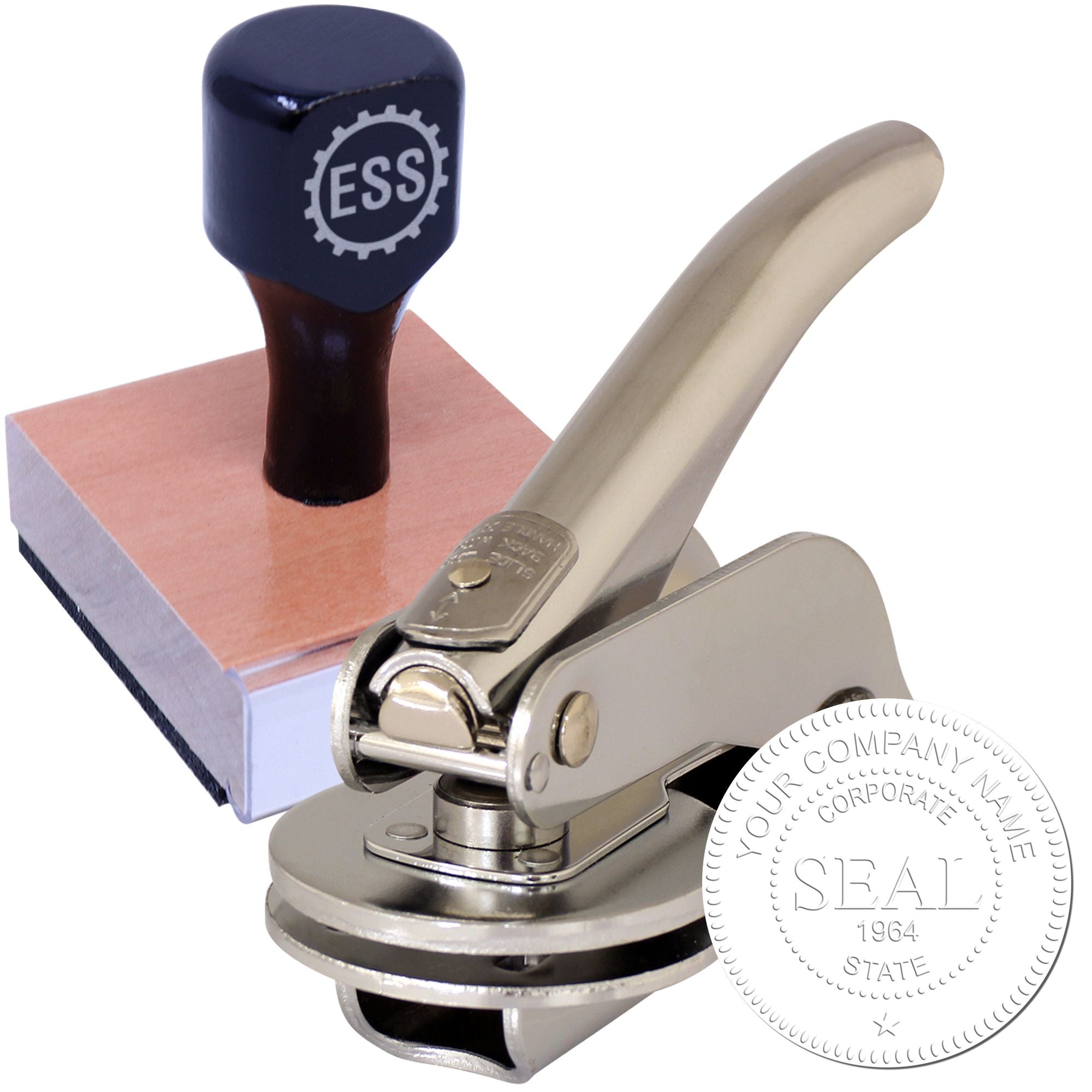 Silver embossing seal press and black rubber stamp on pink book with circular company seal imprint