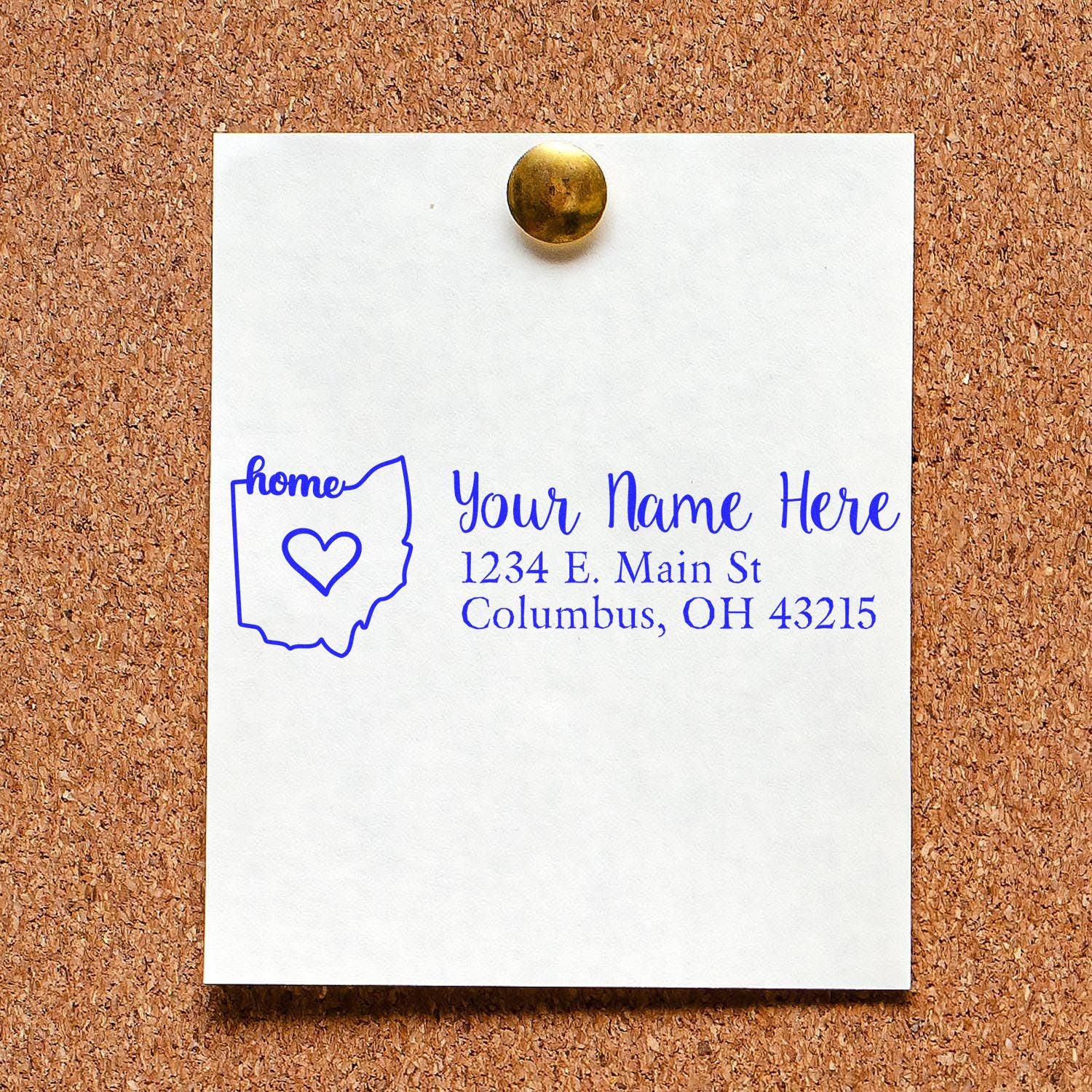 Ohio state love rubber address stamp with wooden handle by ESS, shown in use on a letter.