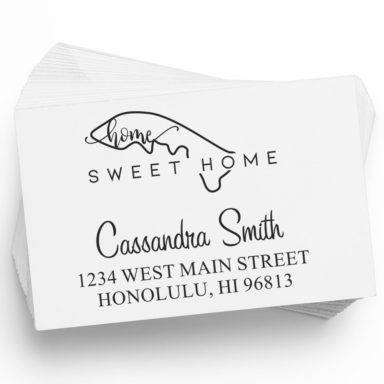 White custom address stamp/seal cards with black Sweet Home design, Cassandra Smith name, and Honolulu address.