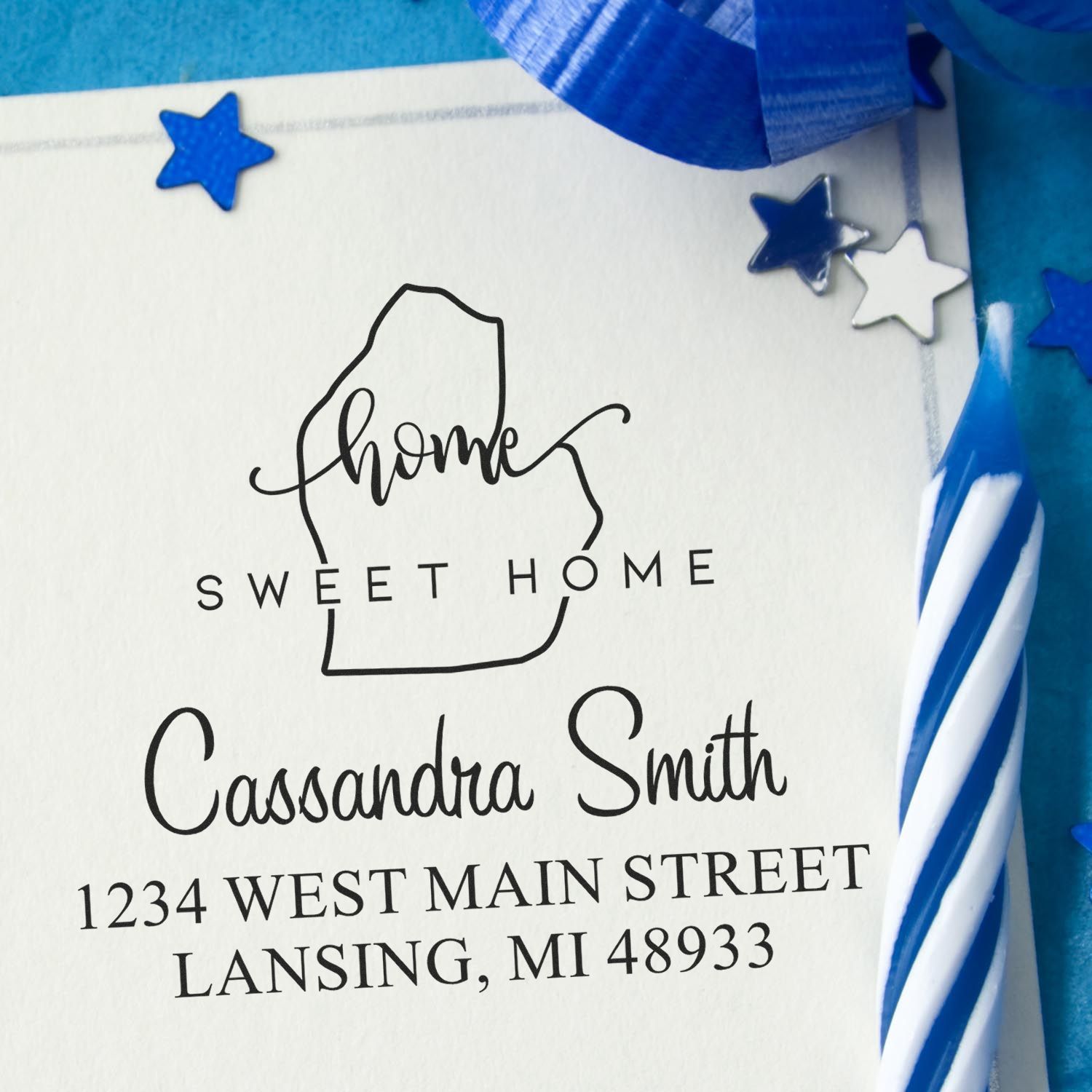 Wood Handle Home Sweet Home Michigan Personalized Address Return Stamp - Engineer Seal Stamps