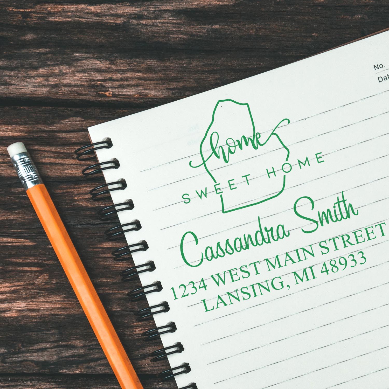 Wood Handle Home Sweet Home Michigan Personalized Address Return Stamp - Engineer Seal Stamps